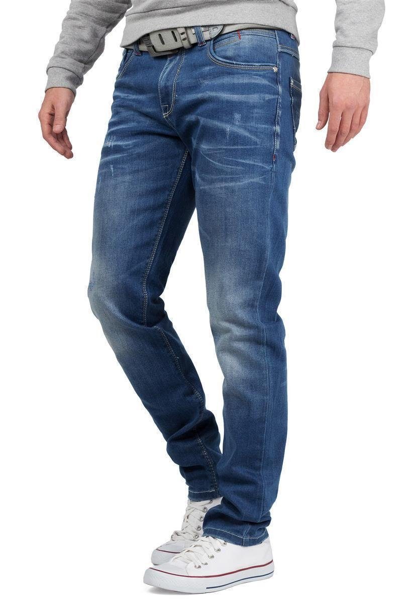 Cipo & Baxx 5-Pocket-Jeans Herren Regular Fit Hose Stonewashed BA-CD386 (1-tlg) Stonewashed Effekt mit Logo Verzierung