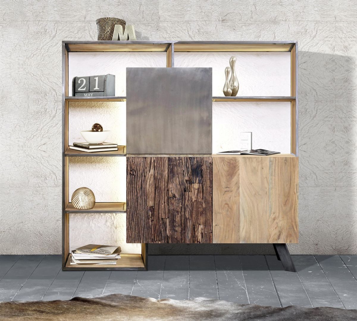 WOLF MÖBEL Ablageregal CITY Highboard mit LED‑Licht, 3 Türen, 6 Ablageflächen, 165×40×160 cm, 165x40x160, CITY Highboard mit LED‑Licht, 3 Türen, 6 Ablageflächen, 165×40×160 cm