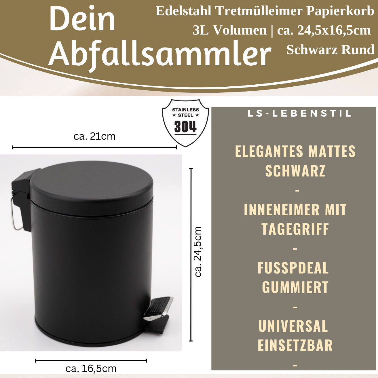 LS-LebenStil Kosmetikeimer Edelstahl Tretmülleimer Papierkorb 3L Schwarz Rund mit Deckel Fußpedal, Kosmetik-Mülleimer Treteimer Bad Badezimmer Küche Mülleimer