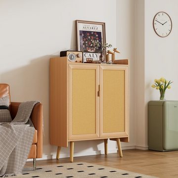 REDOM Sideboard Schuhschrank aus Holz mit 2 Türen und Rattan (mit Metallgriffen und Massivholzfüßen)