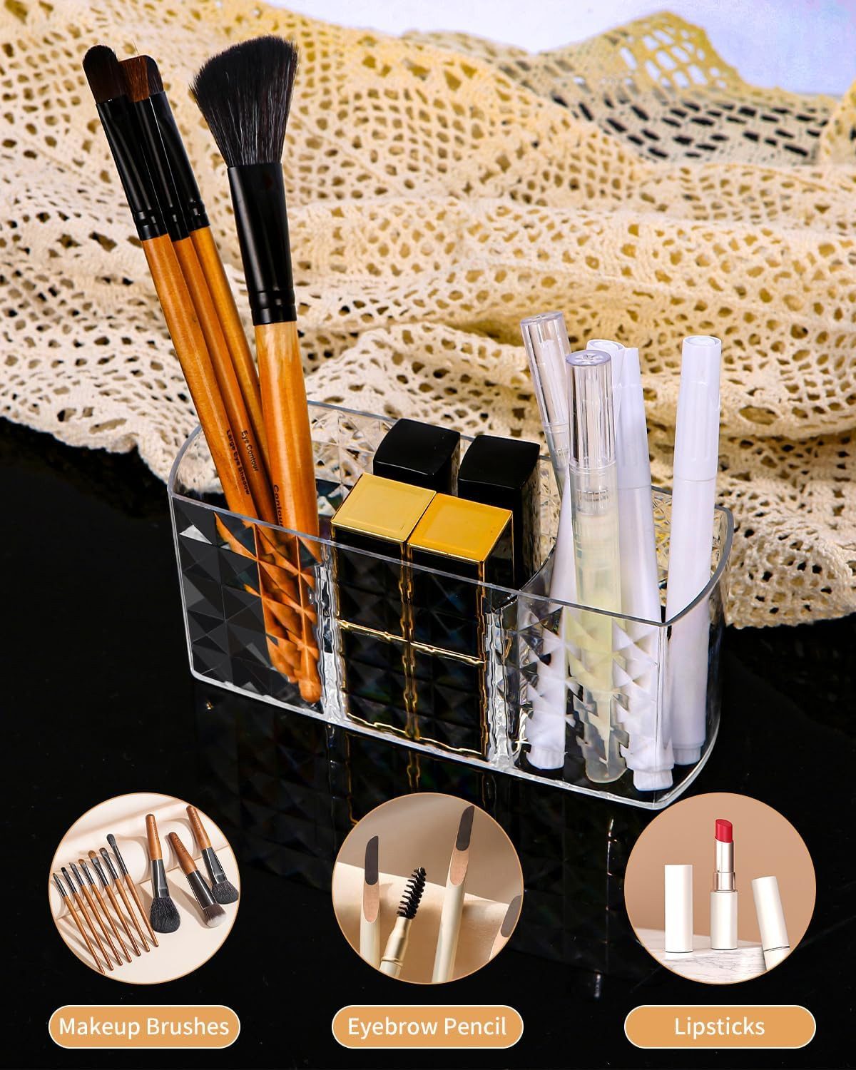 Refined Living Organizer Make Up Organizer, Makeup Pinsel Organizer Becher, mit 3 Fächern (Kosmetik Organizer, Acryl Schminkpinsel Aufbewahrung, Transparent,für Eyeliners Lippenstift Wimperntusche Kosmetikpinsel Schminkpinsel, Eyeliner Organizer, 1 St., Kristall Design,Platzsparend, Multifunktional Aufbewahrung,Wasserdicht), für Badezimmer Schlafzimmer Waschtische Büro Schreibtisch