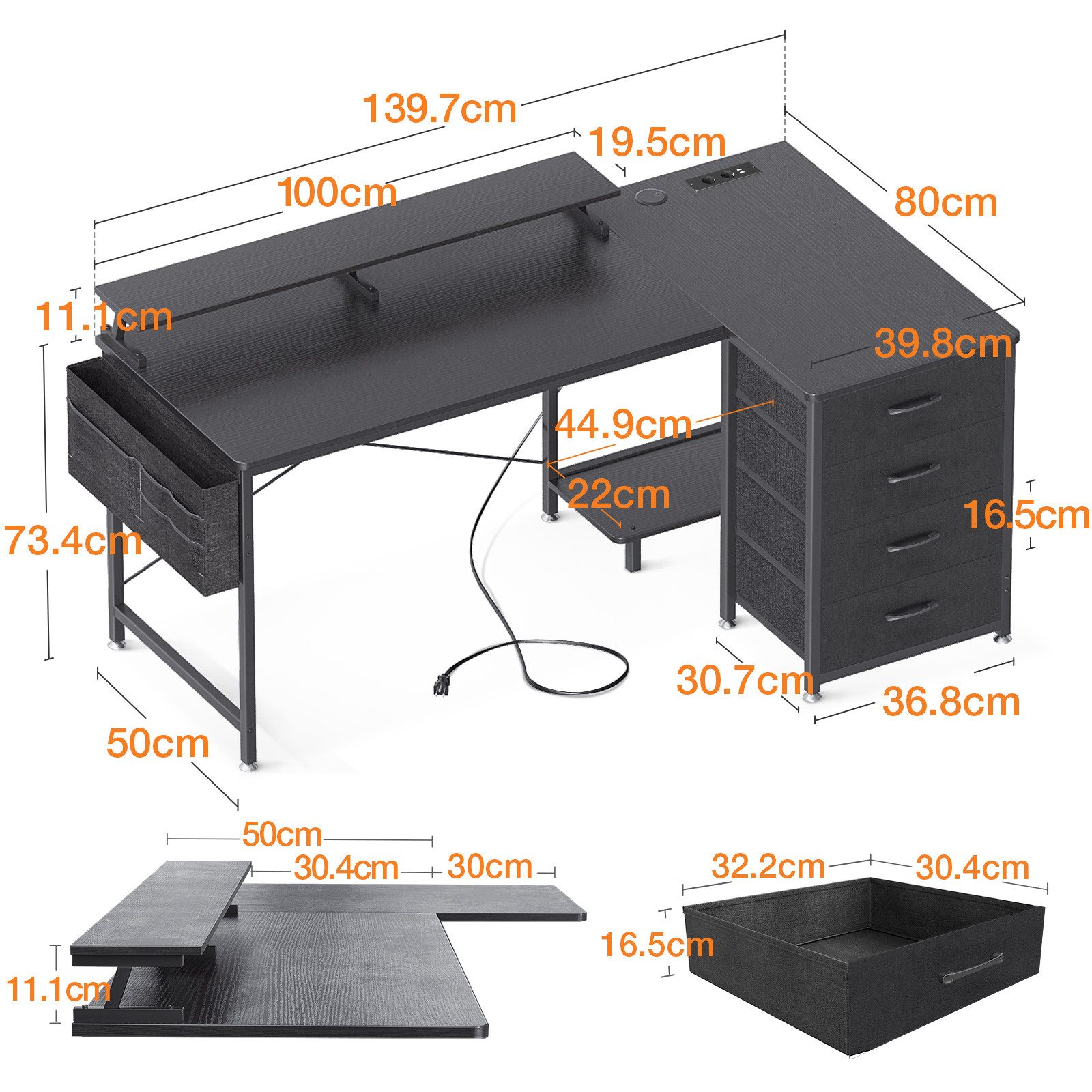 ODK Schreibtisch mit 4 Schubladen, USB-Ladeanschluss und 2 Steckdose (1 Tis günstig online kaufen