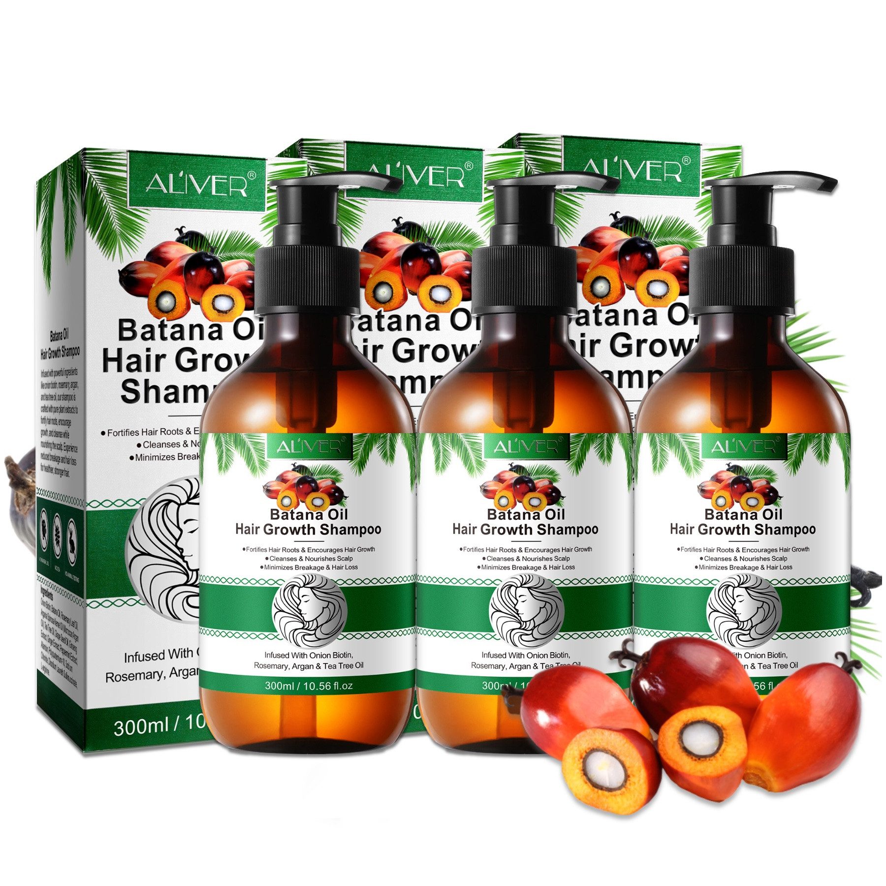 ALIVER Haarshampoo Batana mit Rosmarin Haarwachstum Kopfhaut Pflege anti Haarausfall, 3-tlg., Anti-Frizz, Entwirrend, Feuchtigkeitsspendend