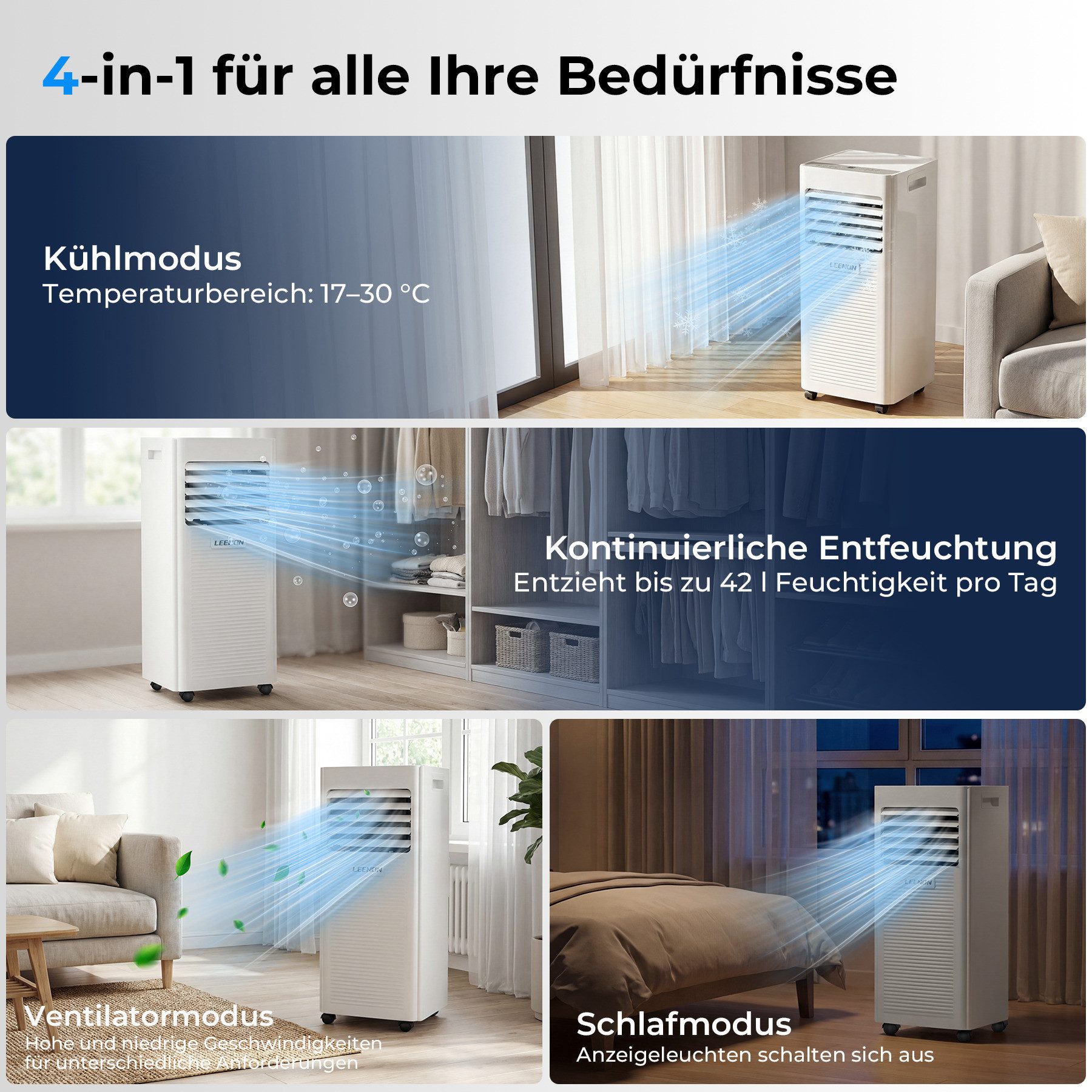 LEENON 4-in-1-Klimagerät Mobiles klimaanlage,9000 /14000BTU, Kühlgeräte mit Abluftschlauch, 4-in-1 Kühlgerät Luftkühler,Digitaldisplay + Fernbedienung, 24h-Timer