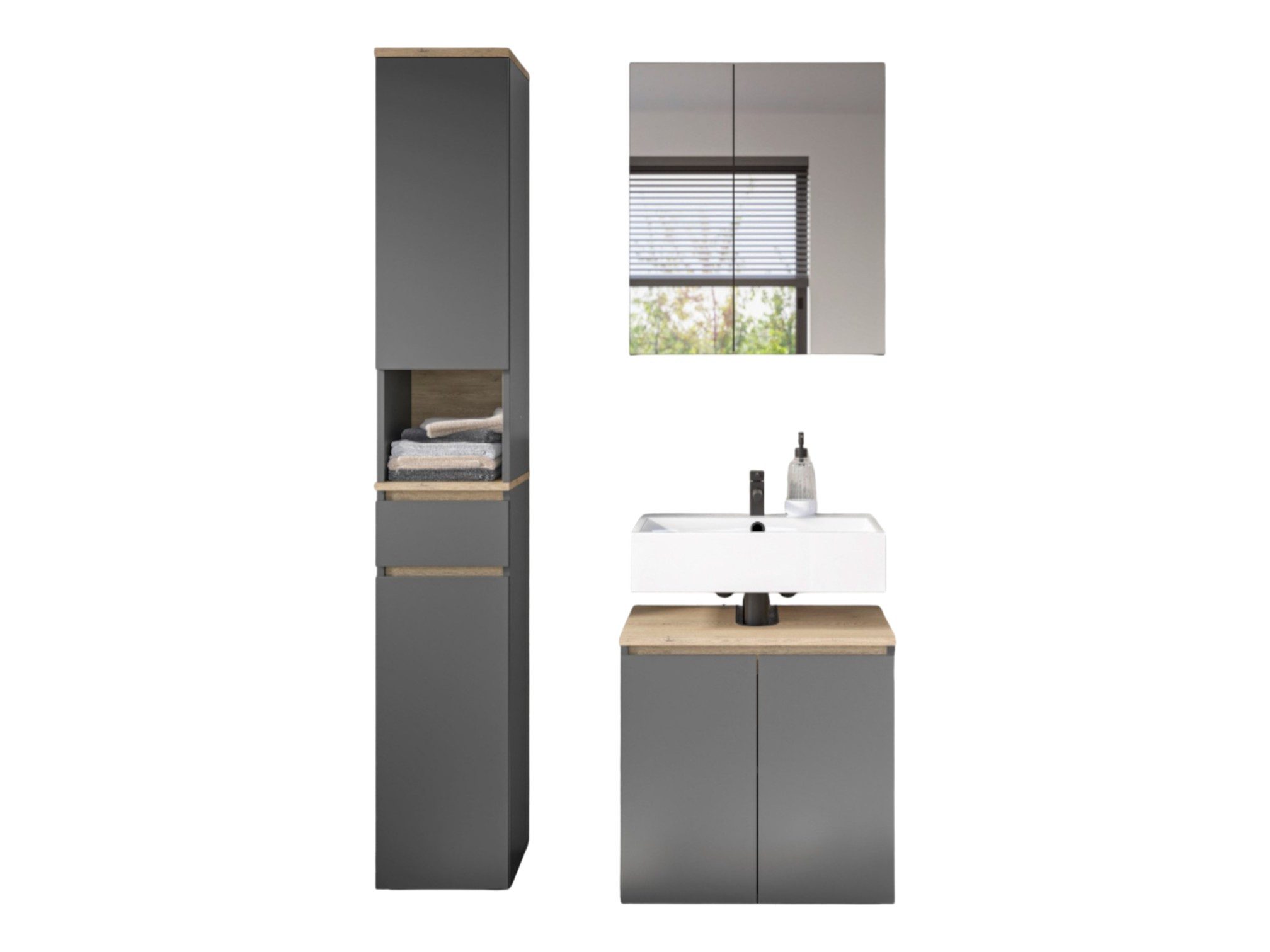 moebel-dich-auf Badmöbel-Set LONDRES, (Set 2, 3-St., Spiegelschrank, Wbu, Hochschrank), in kaschmir oder anthrazit, Absetzung: Cremona Eiche