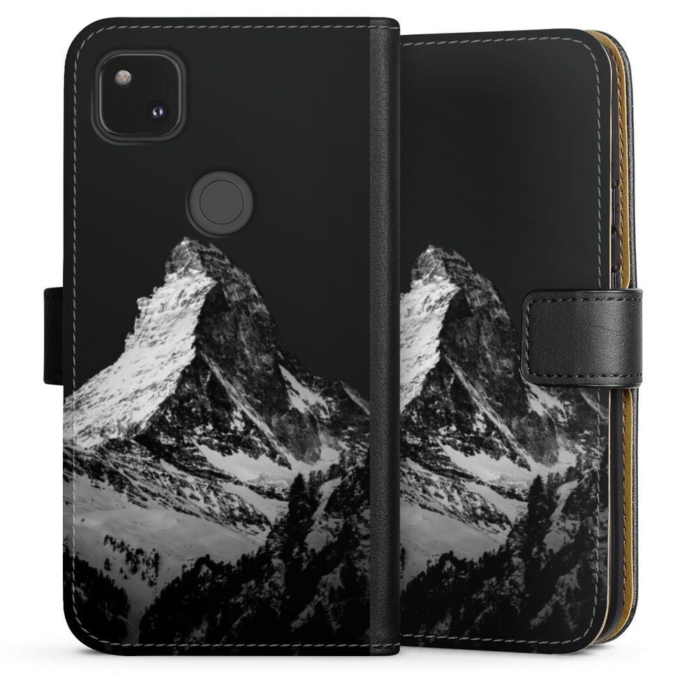 DeinDesign Handyhülle Berg Schnee Alpspitze Snow Capped Mountains Grayscale, Google Pixel 4a Hülle Flip Case Klapphülle Handytasche Leder