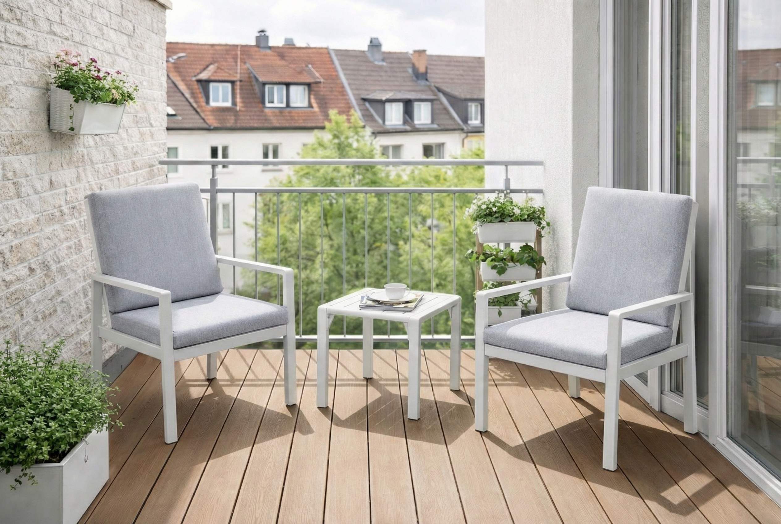 MeXo Gartenlounge-Set Aluminium Gartenmöbel-Set, (Balkonmöbel Set, 3-tlg., 2 Gartenstühle, 1 Couchtisch, inkl.Auflagen), wetterfest Lounge Set Sitzgruppe Kleiner Balkon