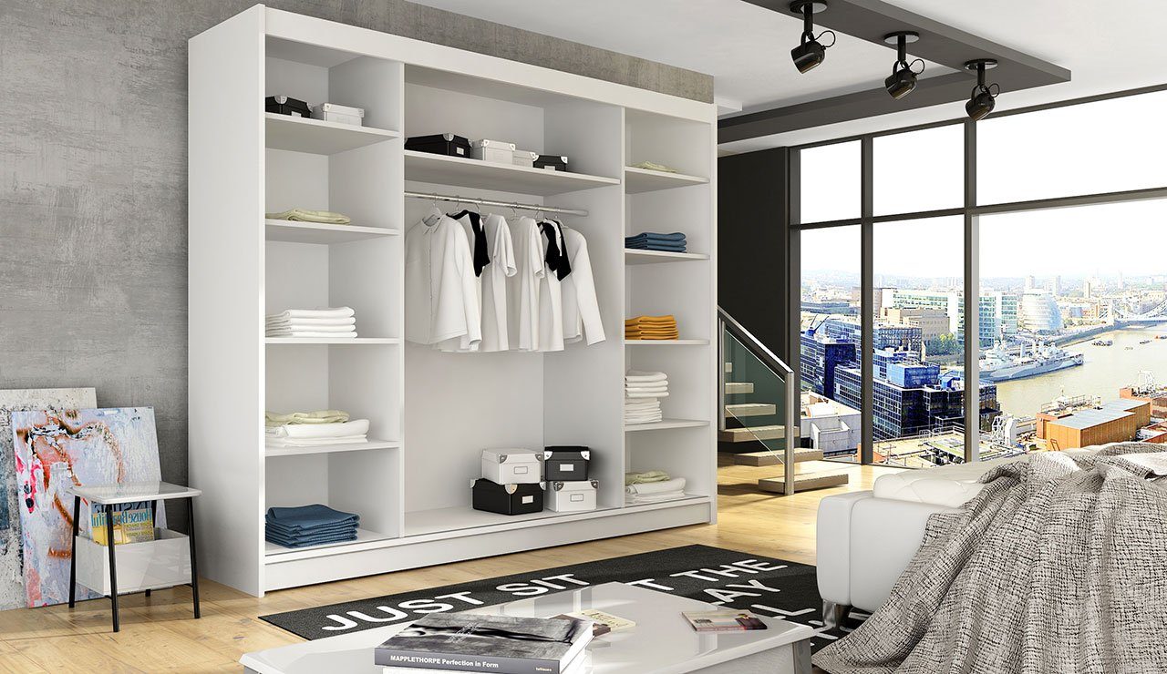 MIRJAN24 Kleiderschrank Aston V (mit Frontspiegel, Schiebetüren) Garderobe mit 3-türig, Schwebetürenschrank, 250x215x58 cm