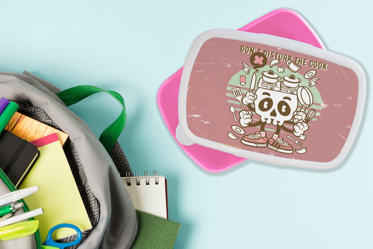 Brotdose Retro, Mädchen, MuchoWow Lunchbox Küchenutensilien Totenkopf Brotbox - Kunststoff rosa Kunststoff, für - Snackbox, Kinder, (2-tlg), Erwachsene,