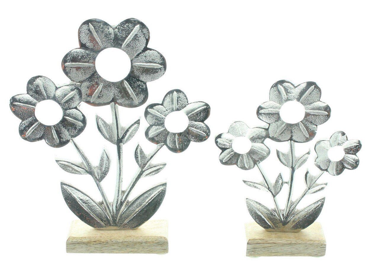 Dekofigur Blume Silber Deko Figur Mangoholz Objekt Skulptur 2er Set