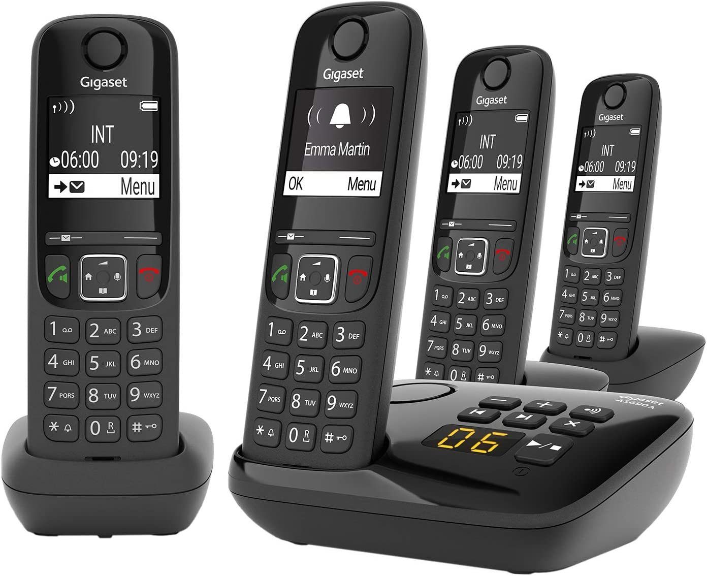 Gigaset Gigaset AS690A Quattro - 4 Schnurlose Telefone mit Anrufbeantworter Schnurloses DECT-Telefon (Mobilteile: 4, Anrufschutz & Anrufbeantworter & Kontrastreiches Display)