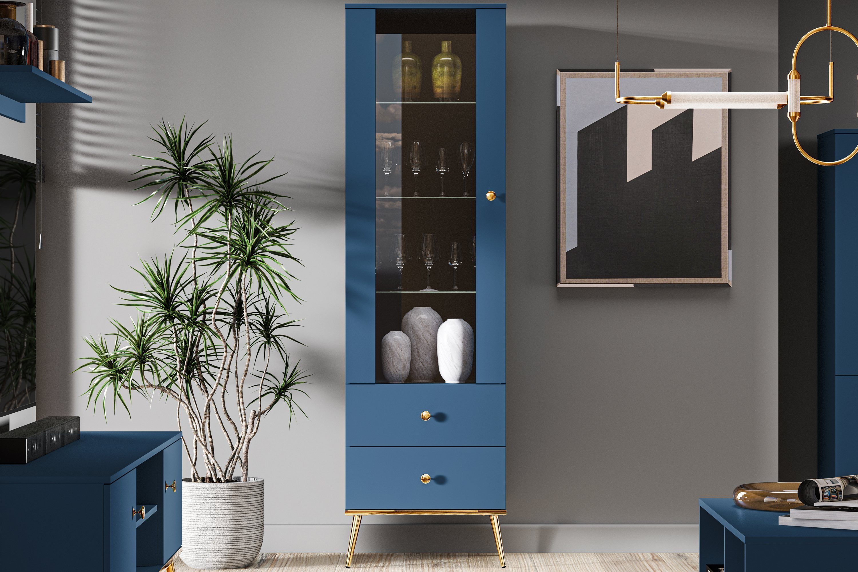 KONSIMO® Standvitrine ARICIA Vitrine hergestellt in der EU, mit Goldelementen, Soft-Close-Funktion