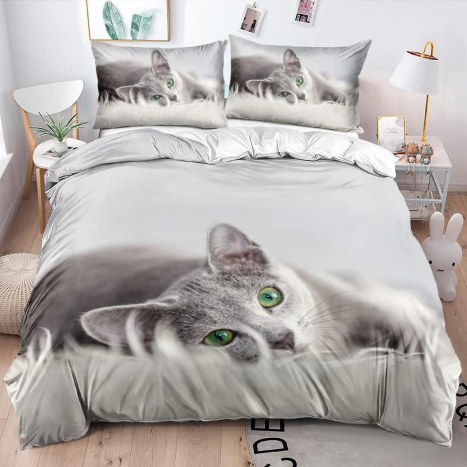 LuxusKollektion Jugendbettwäsche Bettwäsche 3D Katze 200x200 Blau