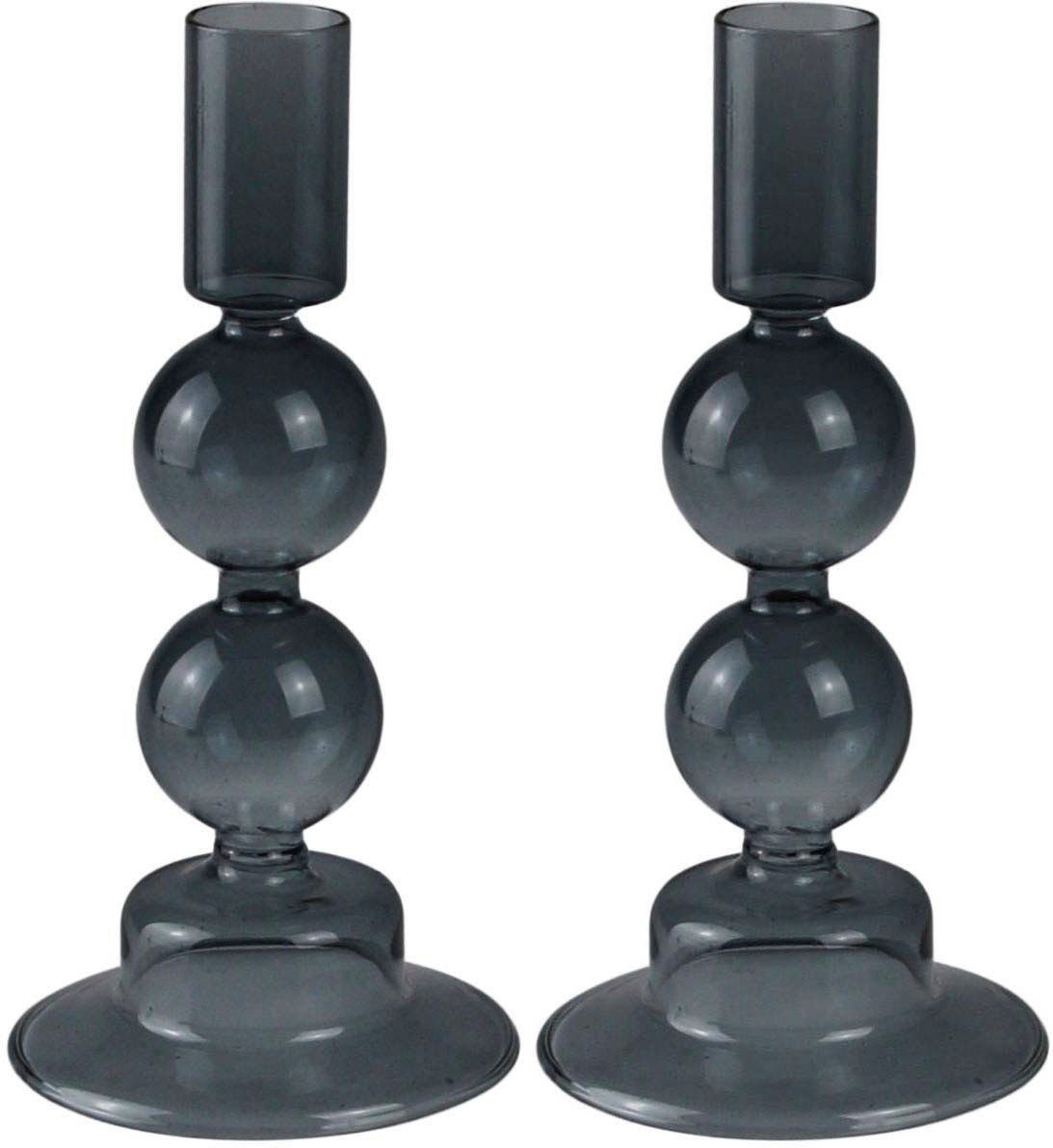 Höhe Ausbuchtungen cm, grau 2 (Set, Kerzenständer Glas, kunstvollen St), aus 16,50 AM Dekoobjekt Design ca. mit Kerzenhalter
