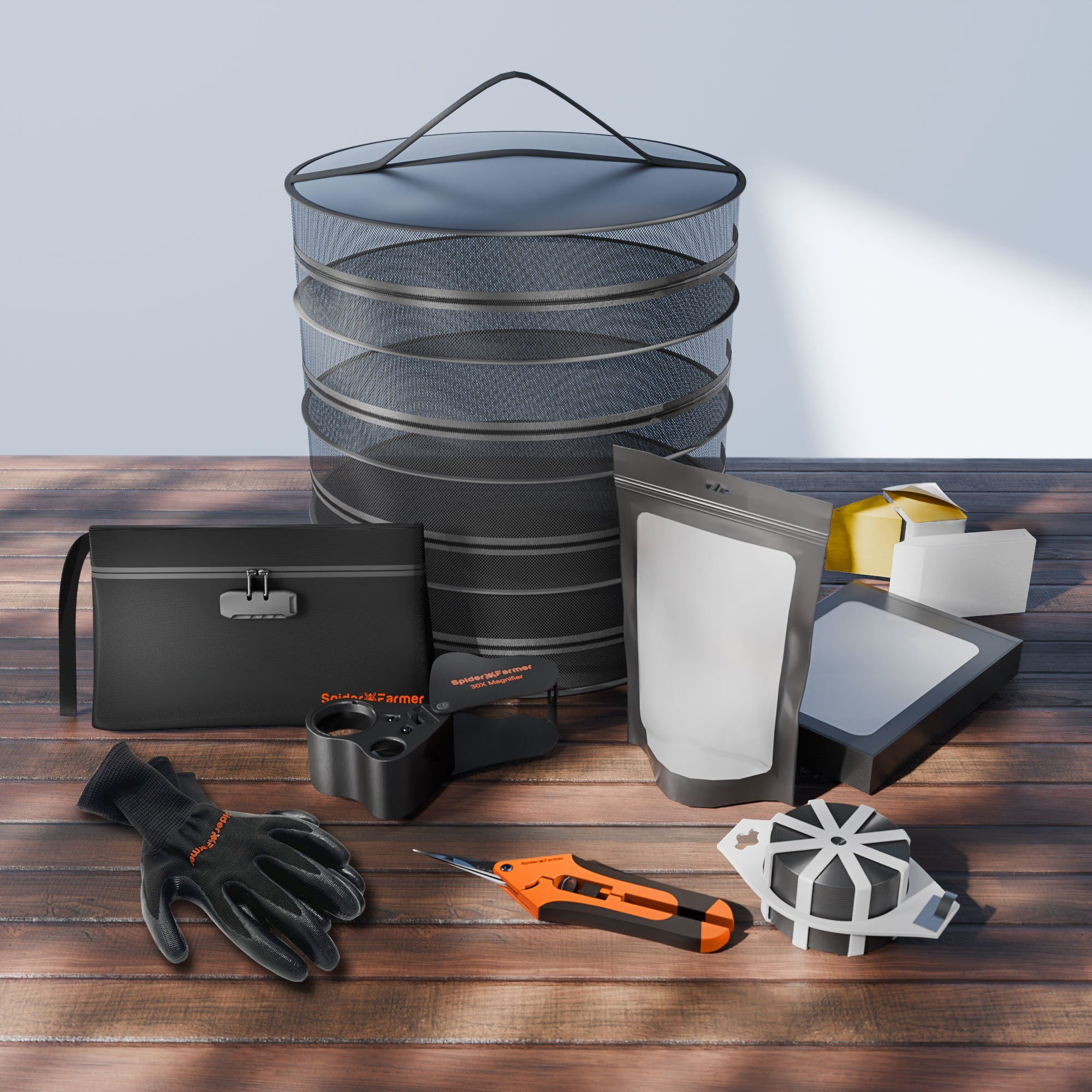 Spider Farmer Gartenpflege-Set Spider Farmer Ernte Starterset, 9 in 1 Ernte Set mit Trockenregal und Tasche