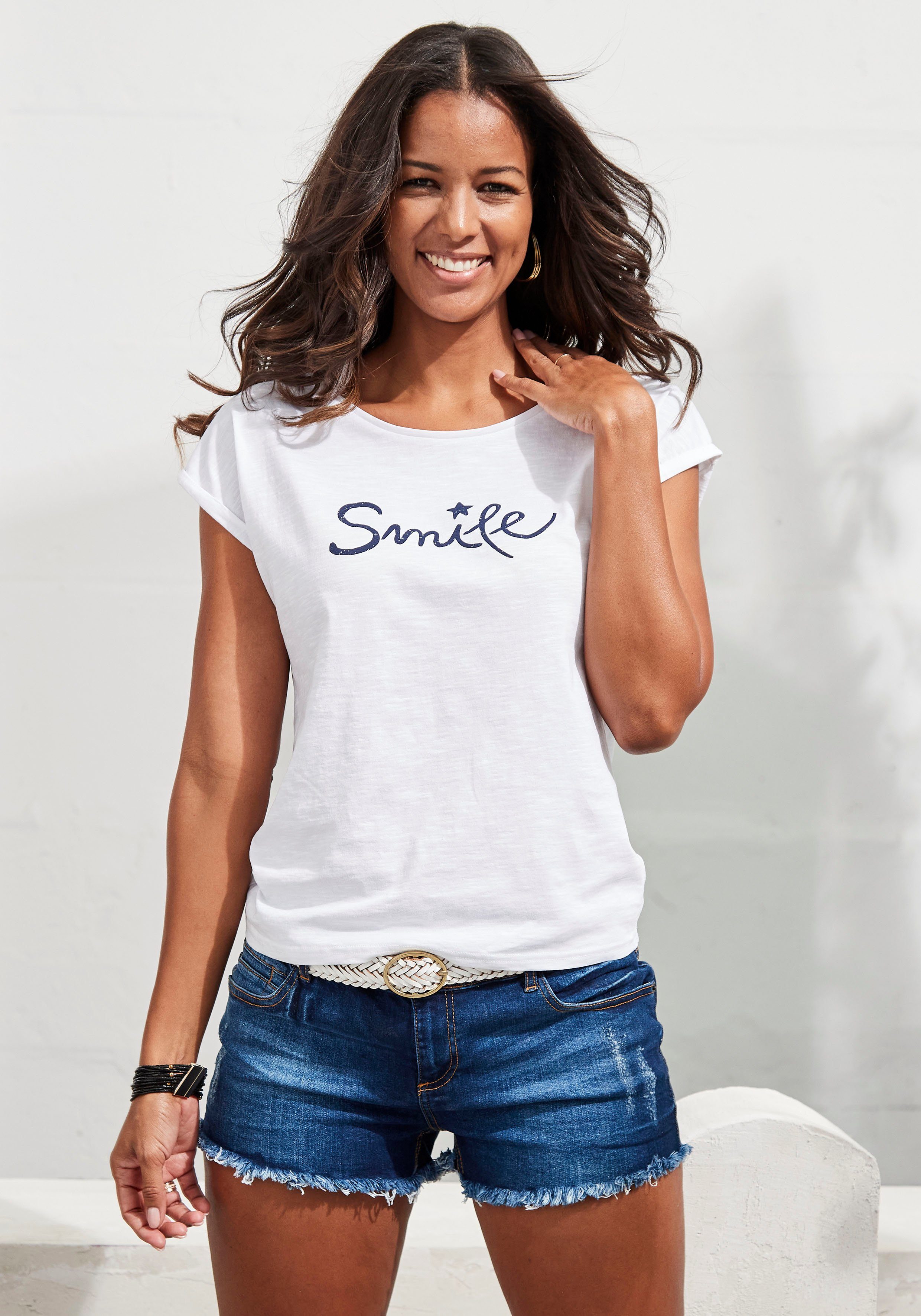 Beachtime T-Shirt Frontdruck weiß modischem "Smile" mit