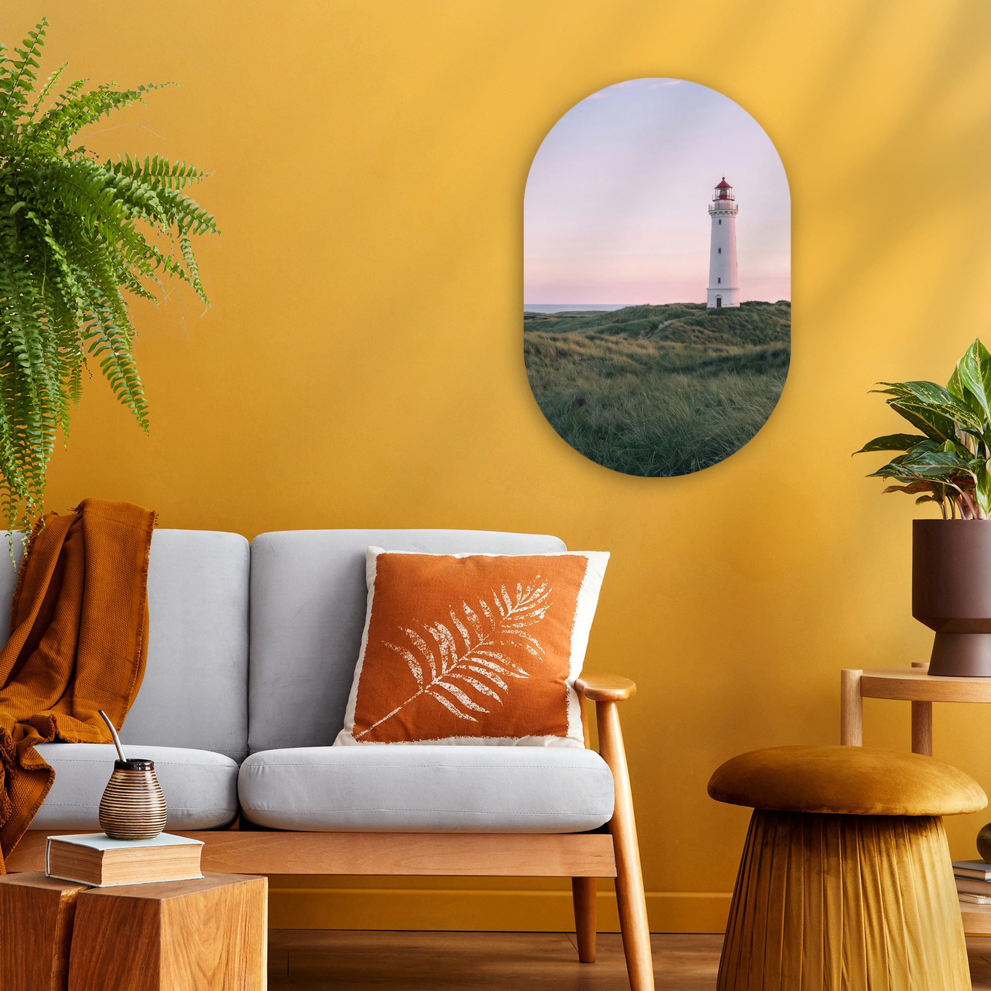 MuchoWow Gemälde Leuchtturm - Dünenlandschaft - Meer, Fotodruck (1 St), Wandbild Oval, Wohnzimmer oder Schlafzimmer Wanddekoration, 40x60 cm