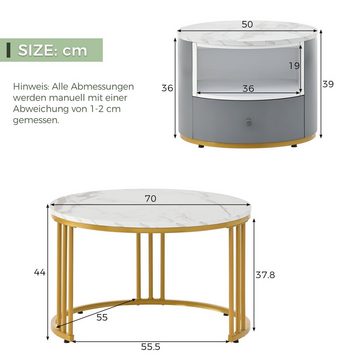 Fangqi Couchtisch 2er Set Rund Tisch mit Metallgestell Beistelltisch, 70*70*44+50*50*39, Modern Satztische fürs Wohnzimmer, Weiß/Grau