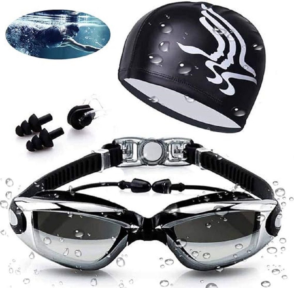 LIANNA Schwimmbrille Schwimmbrille Profi Schwimmbrille, Anti Nebel UV-Schutz, (Set, 4-St., Schwimmbrille und Badekappe im Set), Objektive Voll verstellbar für Erwachsene Herren Frauen