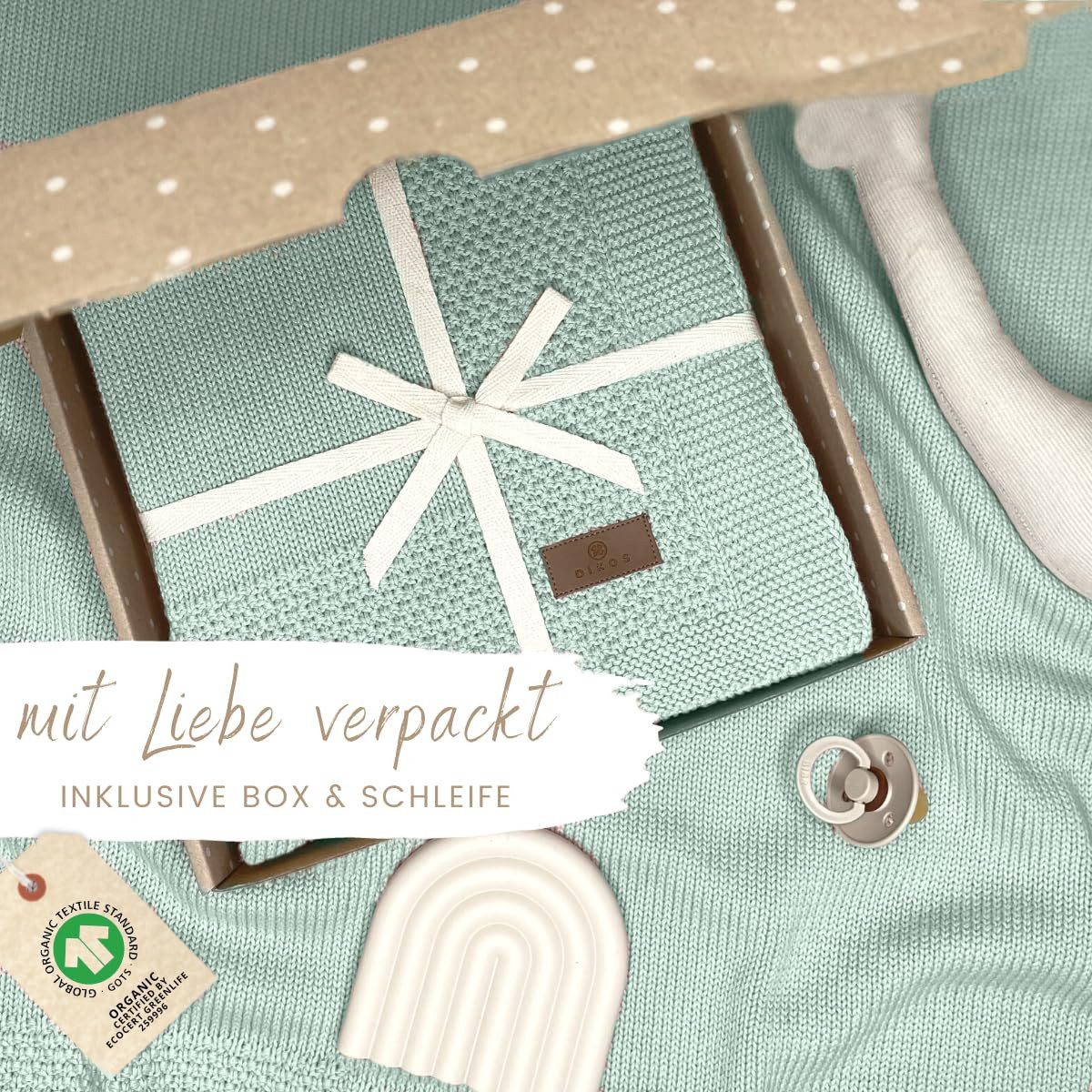 Babydecke DIKOS® Kuscheldecke Bordüre *100%* Bio Baumwolle, Geschenk zur Geburt, DIKOS, Strickdecke 75×100, Baby Erstausstattung Neugeborene, Babygeschenk