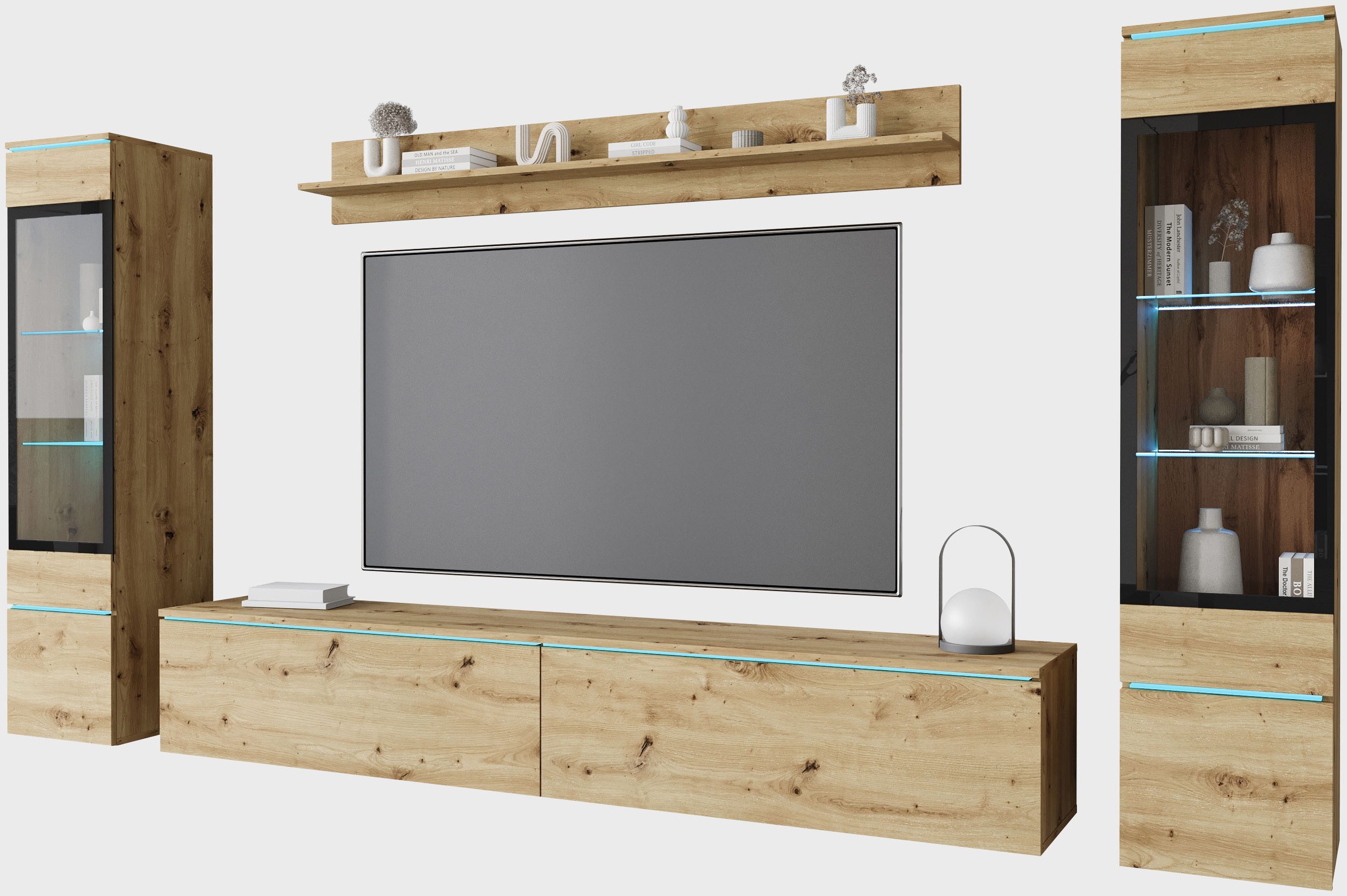 Home affaire Wohnwand VERA II, Vitrinen Türanschlag wechselbar, (Komplett-Set, 4-St), Mediawand 260 cm, Vitrine mit Verglasung, stehend und hängend