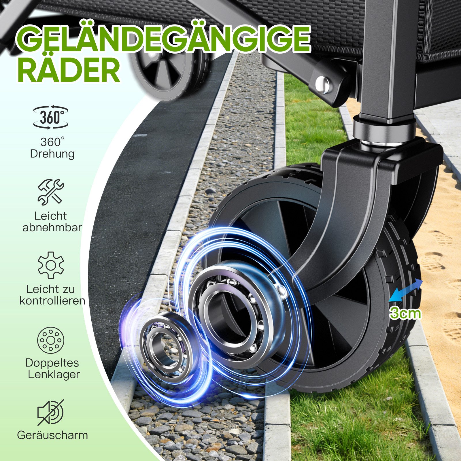 Elegear Bollerwagen Bollerwagen Faltbarer 120L 100KG Belastbar, Leichter Faltbollerwagen (1-tlg), Handwagen mit Breite 12,7cm Räder, Bremse, All Terrain, Schwarz