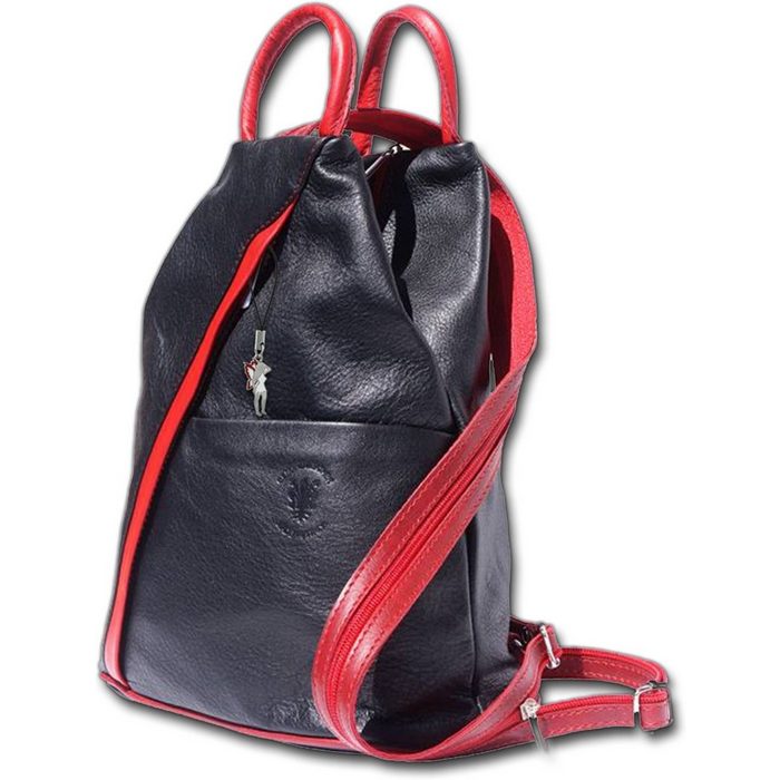 FLORENCE Cityrucksack Florence echtes Leder Damentasche (Schultertasche) Damen Rucksack Tasche aus Echtleder in schwarz rot ca. 26cm Breite Made-In Italy