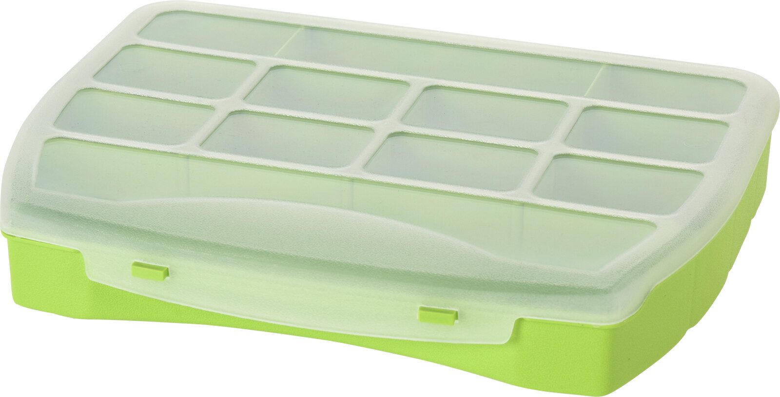 Koopman Aufbewahrungsbox Multibox 12 Fächer Sortieren Deckel (1 St), Grün, Klappdeckel, 25x20x4cm, Robust, Durchsichtig