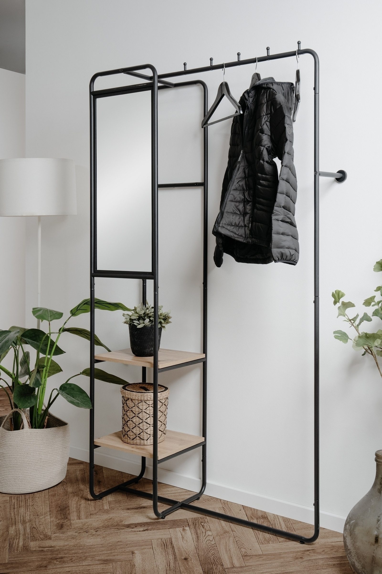 Finori Kompaktgarderobe Spiegel, Ablagen, schwarz / Dekor Artisan Eiche - 100x185x37 (BxHxT)