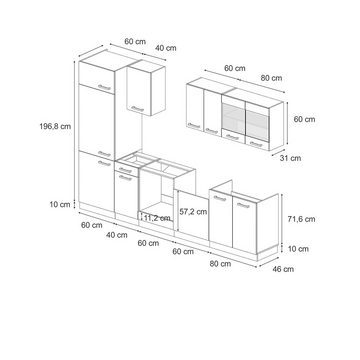 Livinity® Küchenzeile R-Line, Blau-Grau/Anthrazit, 300 cm, AP Eiche