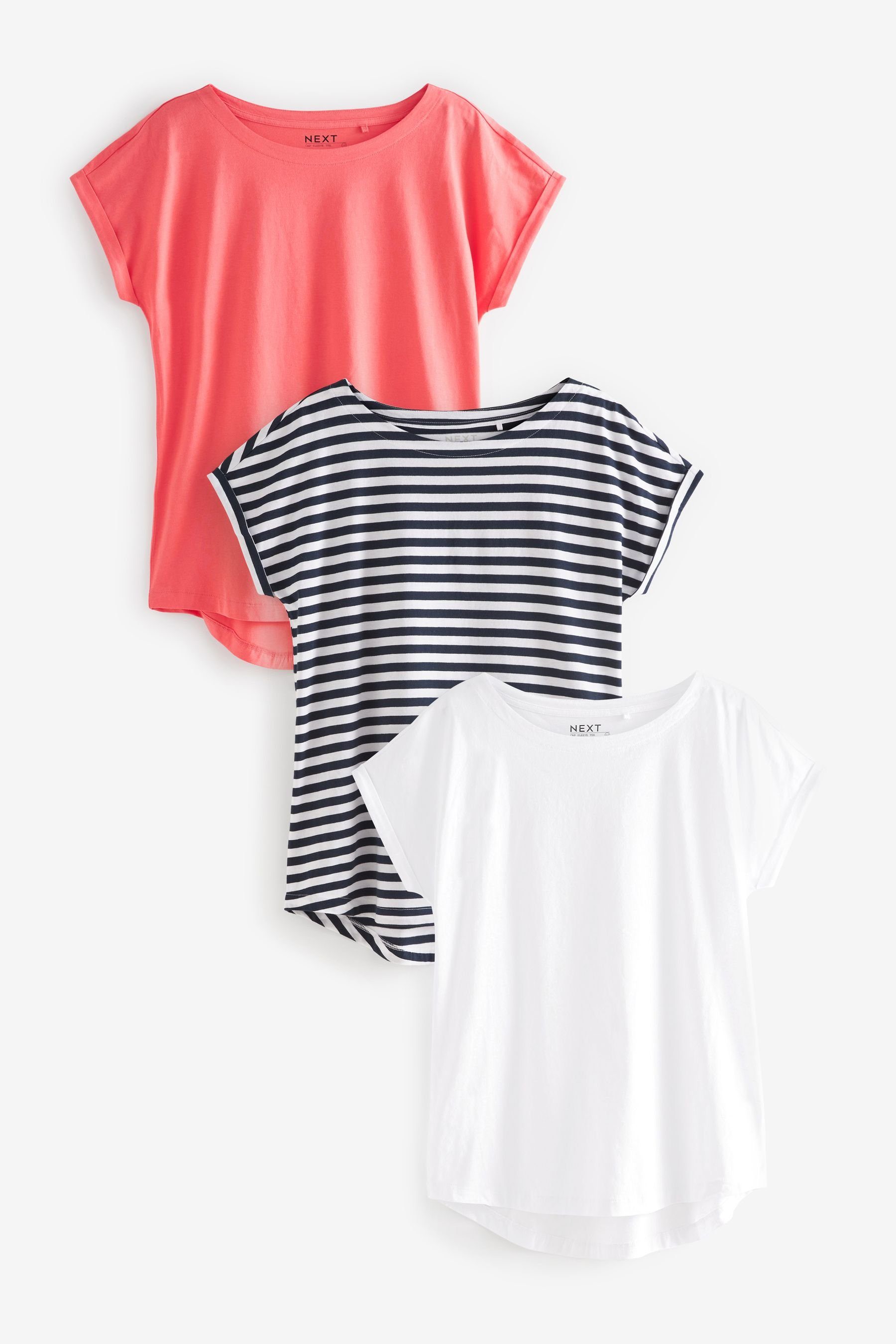 Next T-Shirt T-Shirts mit Flügelärmeln, 3er-Pack (3-tlg) Stripe/White/Coral | T-Shirts