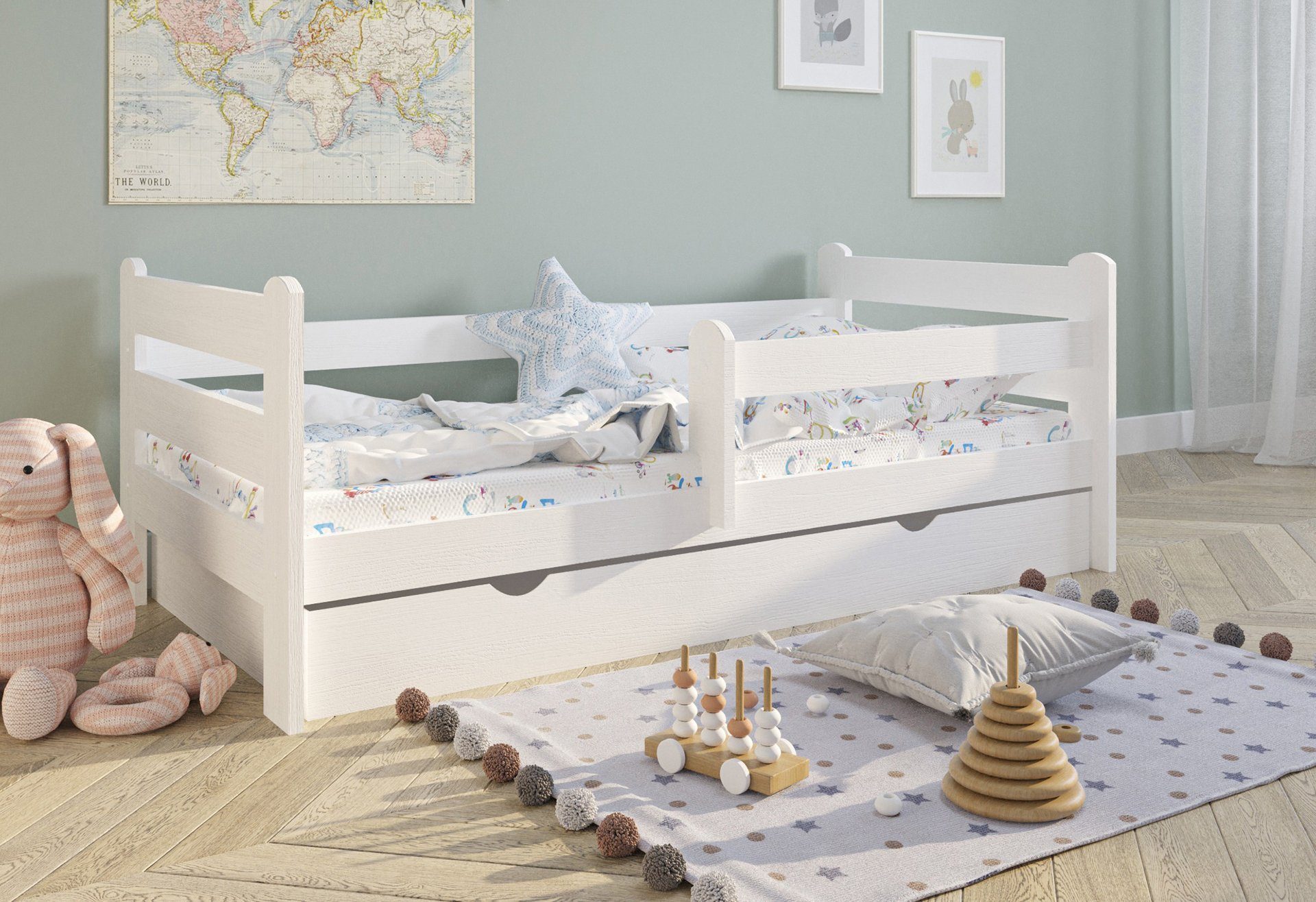 Kinderbett 80x160cm Juniorbett mit Rausfallschutz Bettgestell Stauraum Bett Weiß 