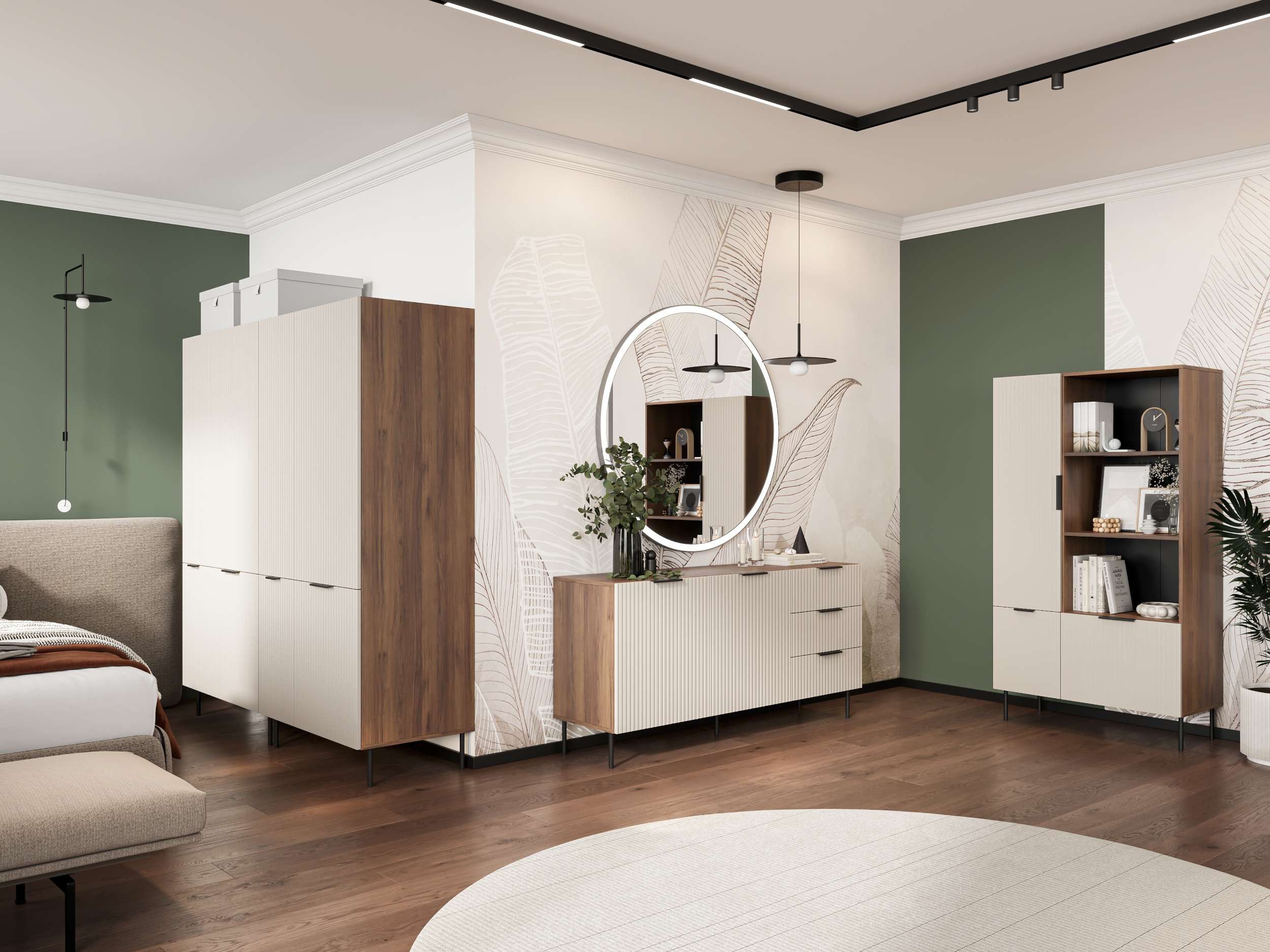 99rooms Wohnwand Amela, (Set (4-St), Wohnmöbel), bestehend aus 1×Kommode, 1×Vitrine, 2×Schrank, aus Holzwerkstoff