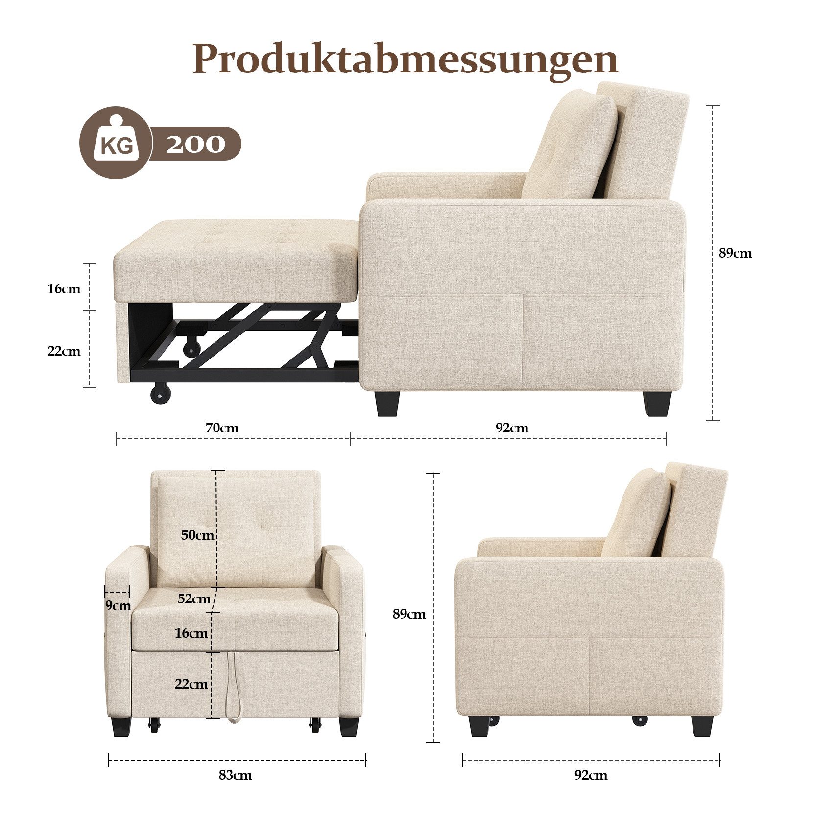 OUNUO Sofa Schlafsofa Klein 3 in 1, Klappsofa & Schlafhocker mit Bettfunktion