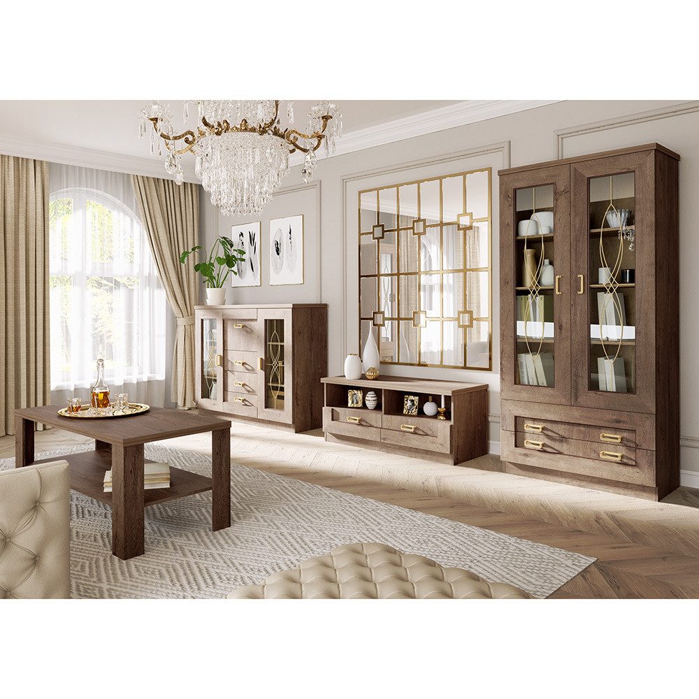 Lomadox Wohnzimmer-Set TEORA-161, (Mega-Spar-Set, 4-St., Vitrinenschrank Lowboard Sideboard Wohnzimmertisch), in Lefkas Eiche Vitrinentüren mit Verzierung rustikal Metallgriffe