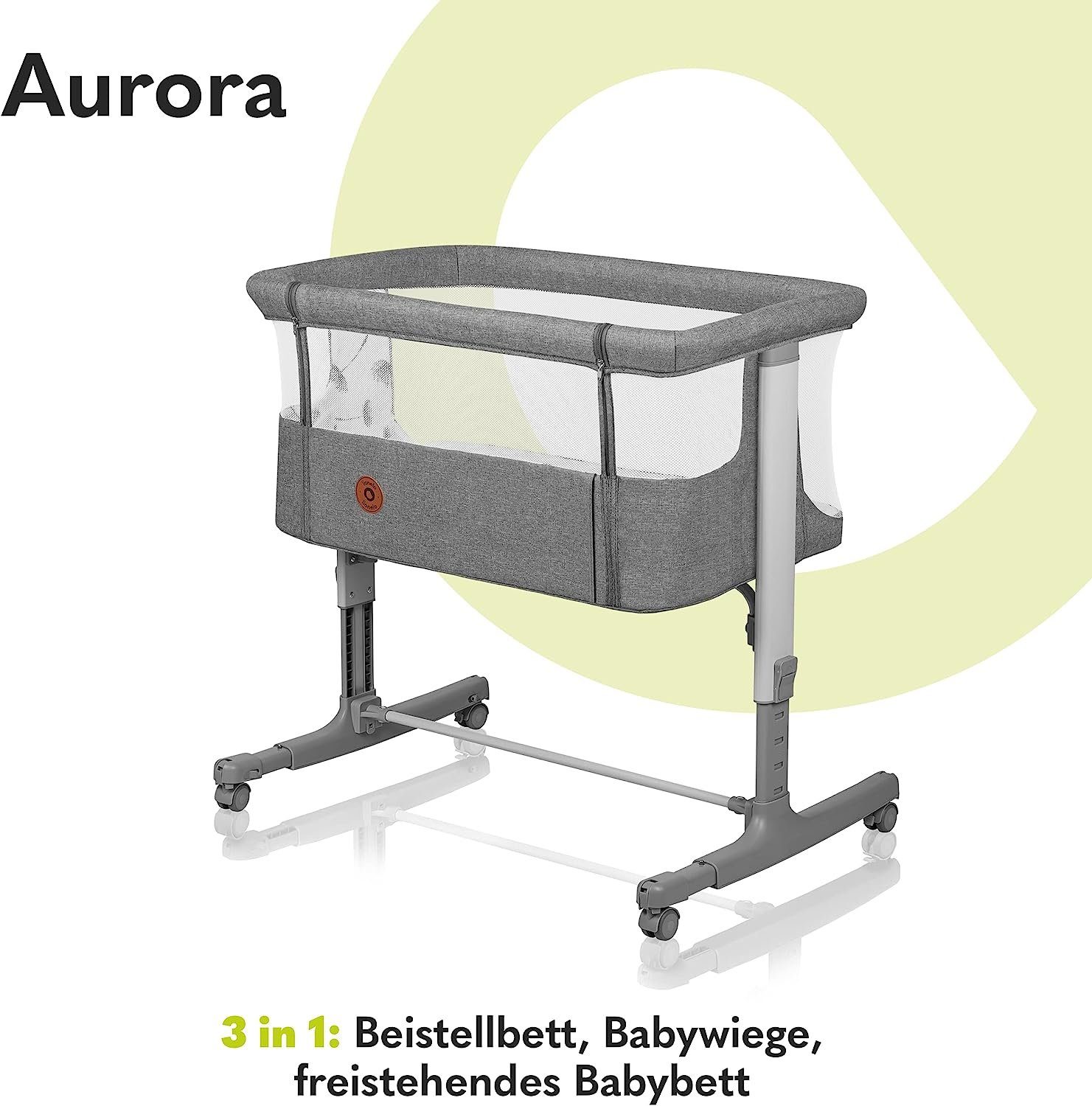 lionelo freistehendes Babywiege, Grau 3-in-1: AURORA, Beistellbett, Baby-Reisebett Babybett