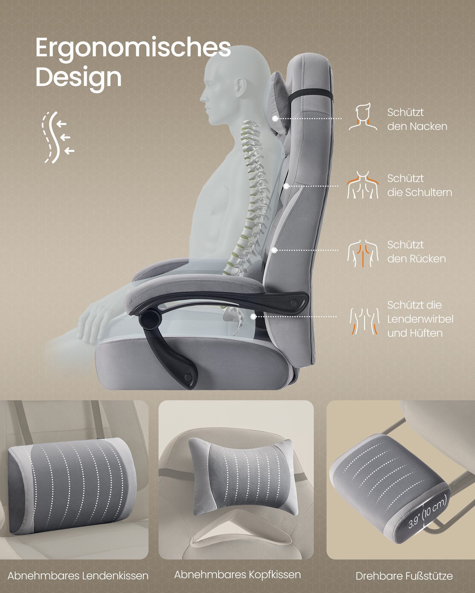 SONGMICS Bürostuhl Gaming-Stuhl, Computerstuhl ergonomischer, bis 150 kg belastbar, mit ausziehbarer Fußstütze, verstellbarem Kopfkissen und Lendenkissen – Bild 5 von 5