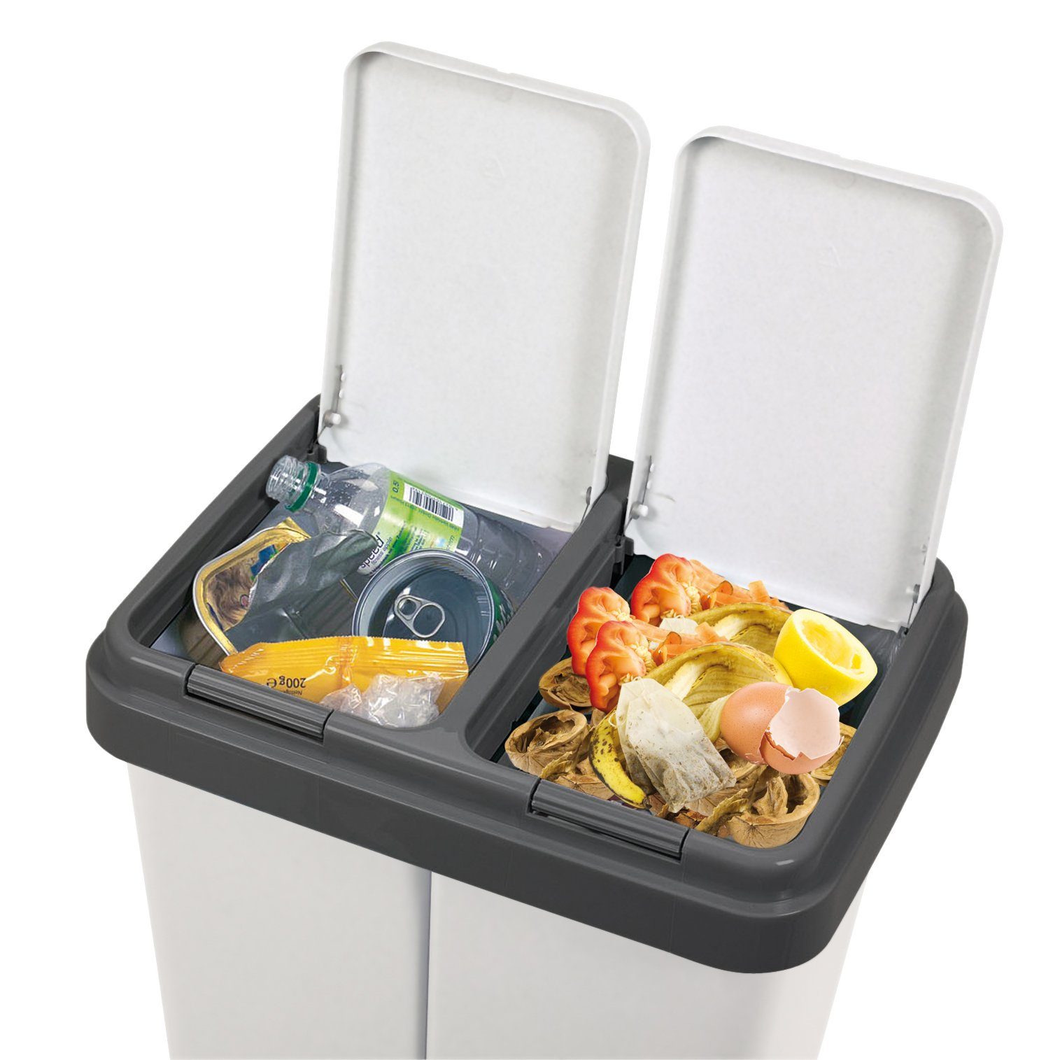 ALPFA Mülltrennsystem Duo Bin hellgrau Mülleimer Müllsortierer Doppel Mülltonne Abfalleimer, mit 2 Tipp-Deckeln und inkl. 2 Ersatzfedern