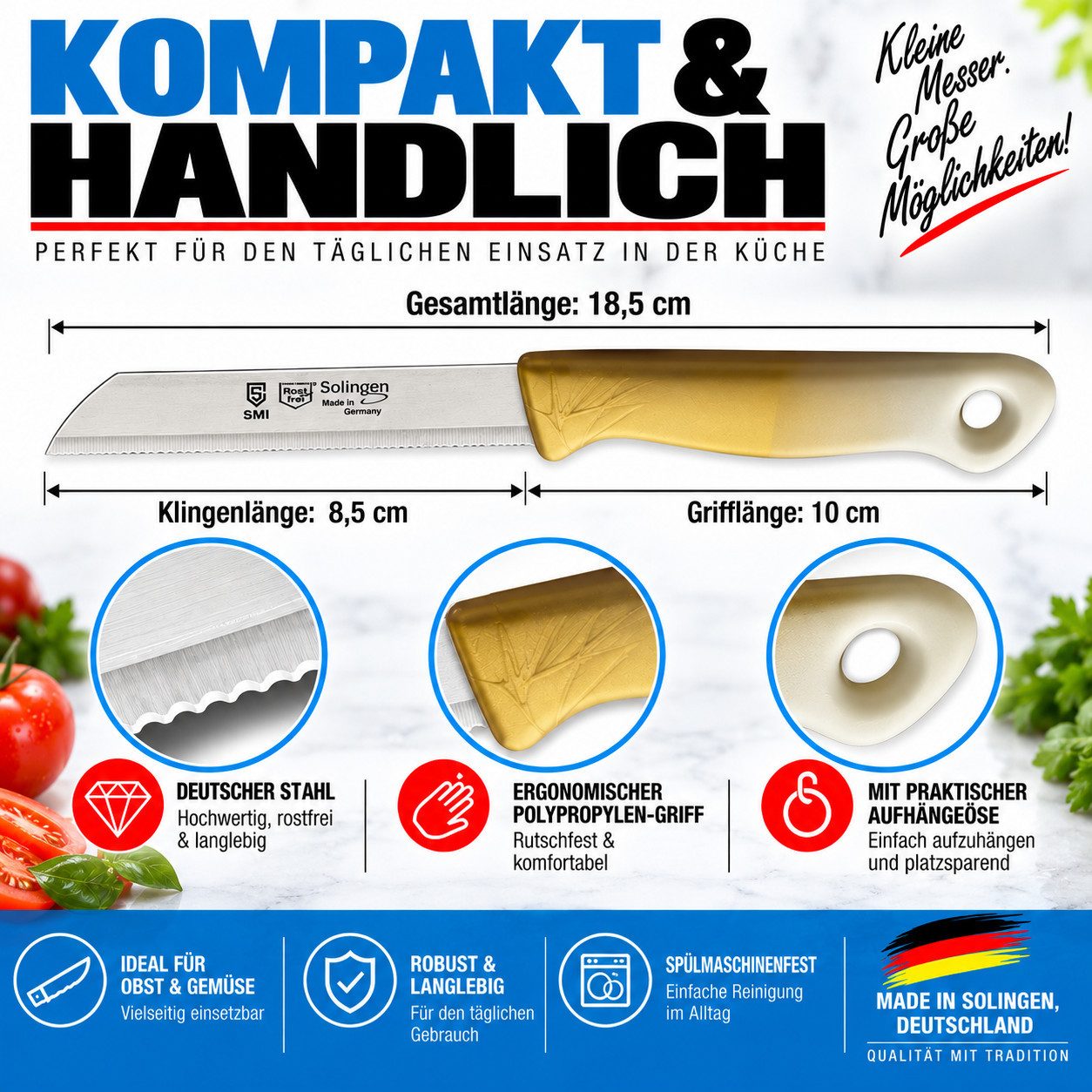SMI Gemüsemesser 6-tlg Solingen Schälmesser Gemüsemesser Set Obstmesser Küchenmesser, Klinge mit Wellenschliff – Bild 5 von 5