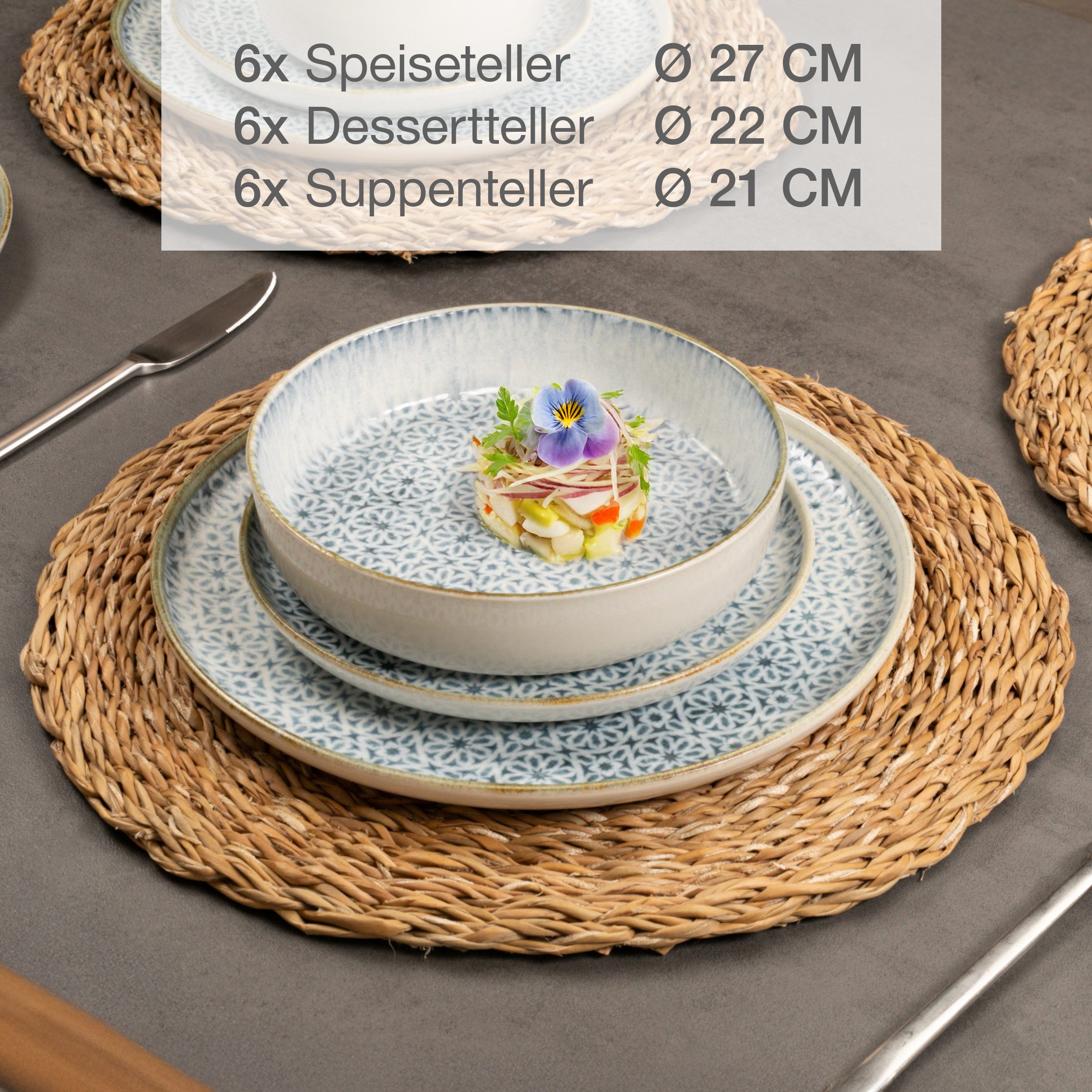 Moritz & Moritz Kombiservice ALHAMBRA Geschirrset Blau (18-tlg), 6 Personen, Porzellan, Spülmaschinengeeignet & Mikrowellensicher