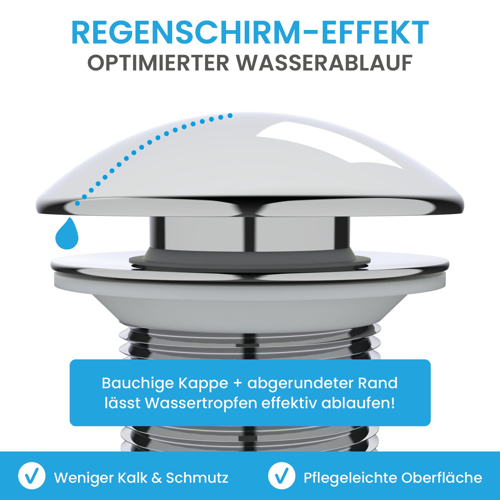 Bächlein Ablaufgarnitur Design Pop Up - mit optimiertem Wasserablauf Werkzeugloser Einbau - Click Clack Funktion