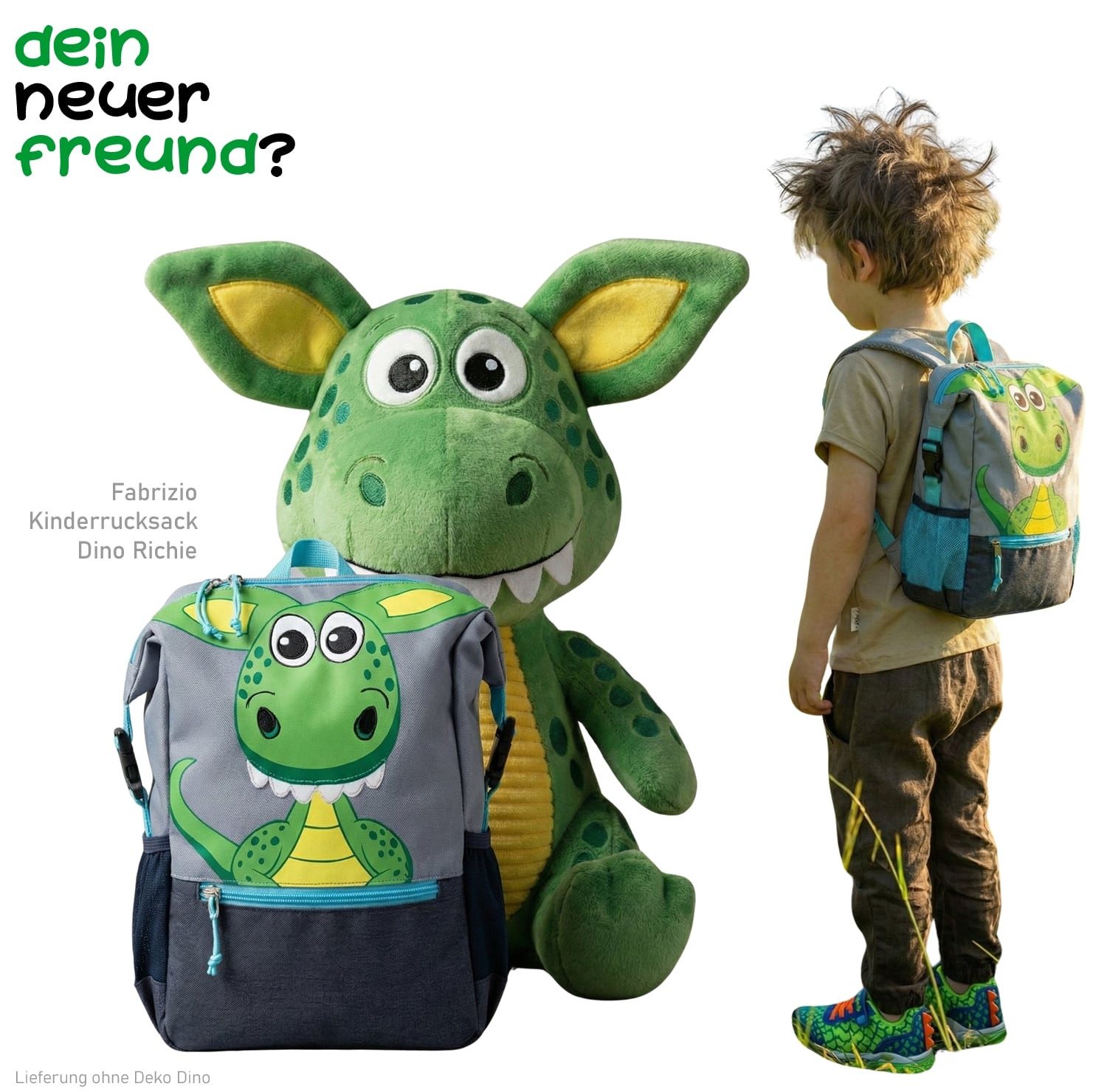 fabrizio® Kinderrucksack Rucksack Jungen Mädchen Kindergarten Tasche, Kindergartenrucksack Kinder Handgepäck 20643 Dino Grün Grau +Elefant