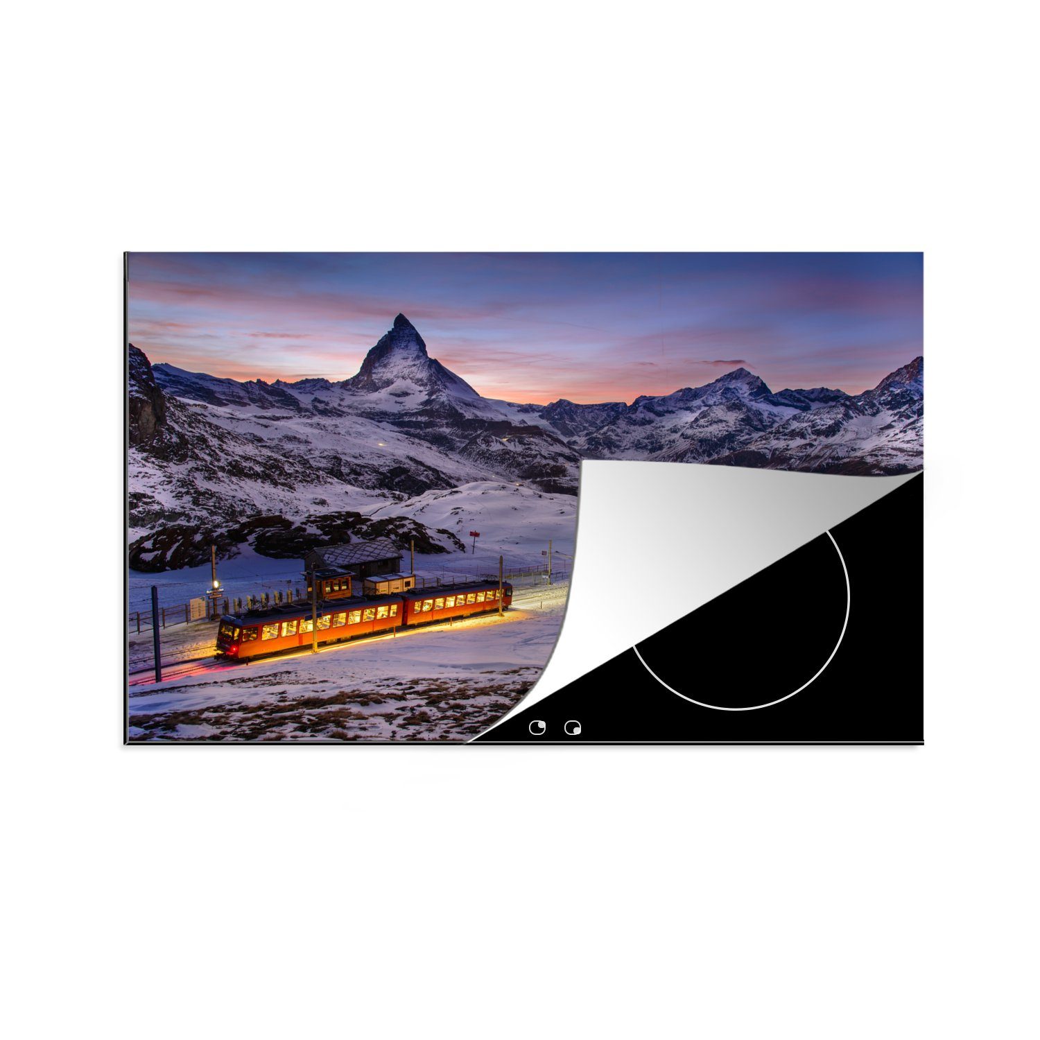 MuchoWow Herdblende-/Abdeckplatte Gornergratbahn vor dem Matterhorn im Schweizer Kanton Wallis, Vinyl, (1 tlg), 81x52 cm, Induktionskochfeld Schutz für die küche, Ceranfeldabdeckung