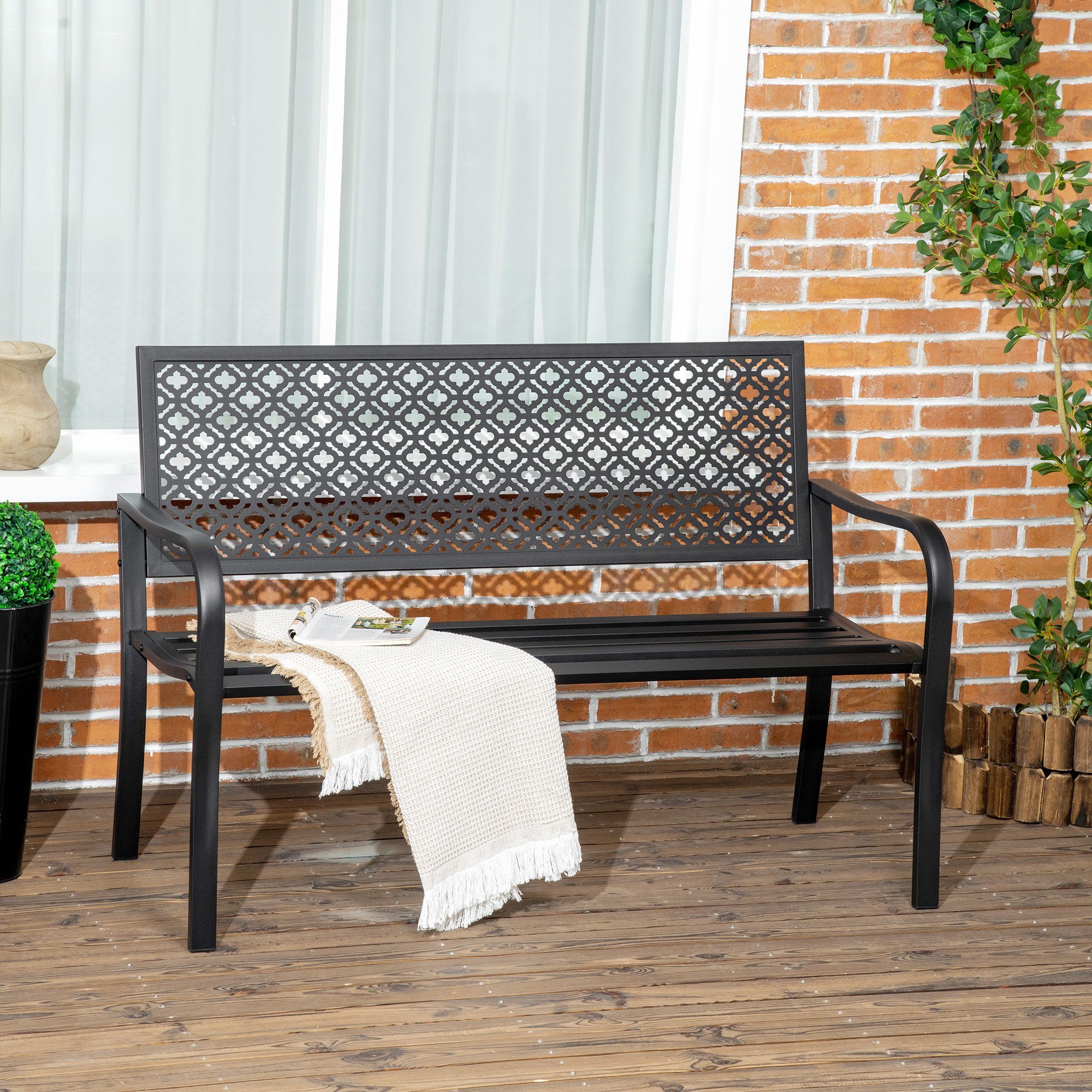 Outsunny Gartenbank Parkbank mit Rückenlehne & Armlehne, mit Blumenmuster (Sitzbank, 1-St., Gartenmöbel), max. 240 kg, Schwarz, 127 x 63 x 83 cm