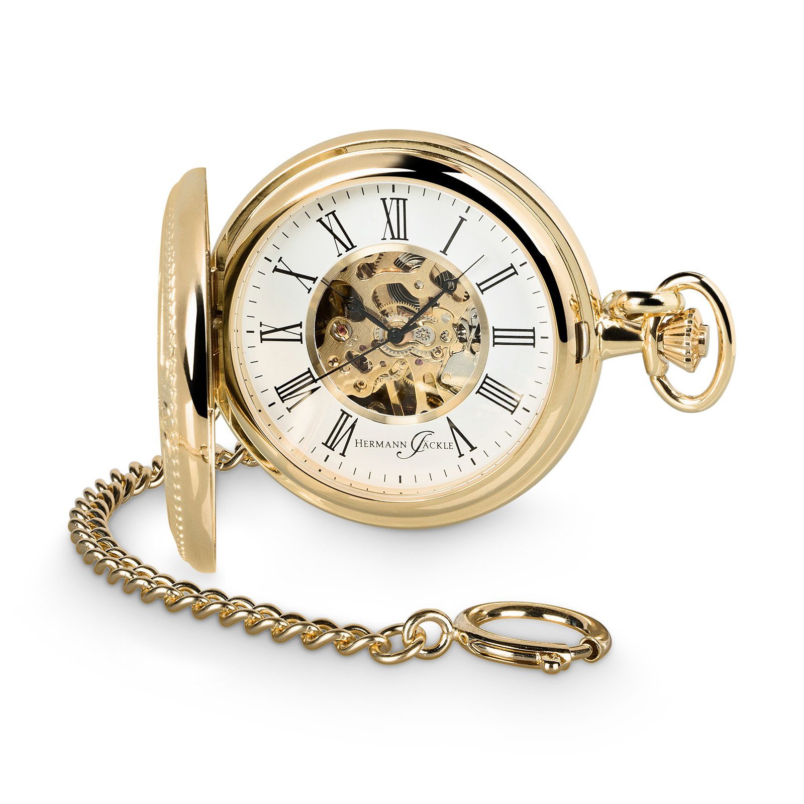 Hermann Jäckle Taschenuhr Bayreuth vergoldet II, Skelett, Handaufzug, mit Kette und Reiseetui, (mit Kette und Reiseetui), – Elegante Herrenuhr im klassischen Design