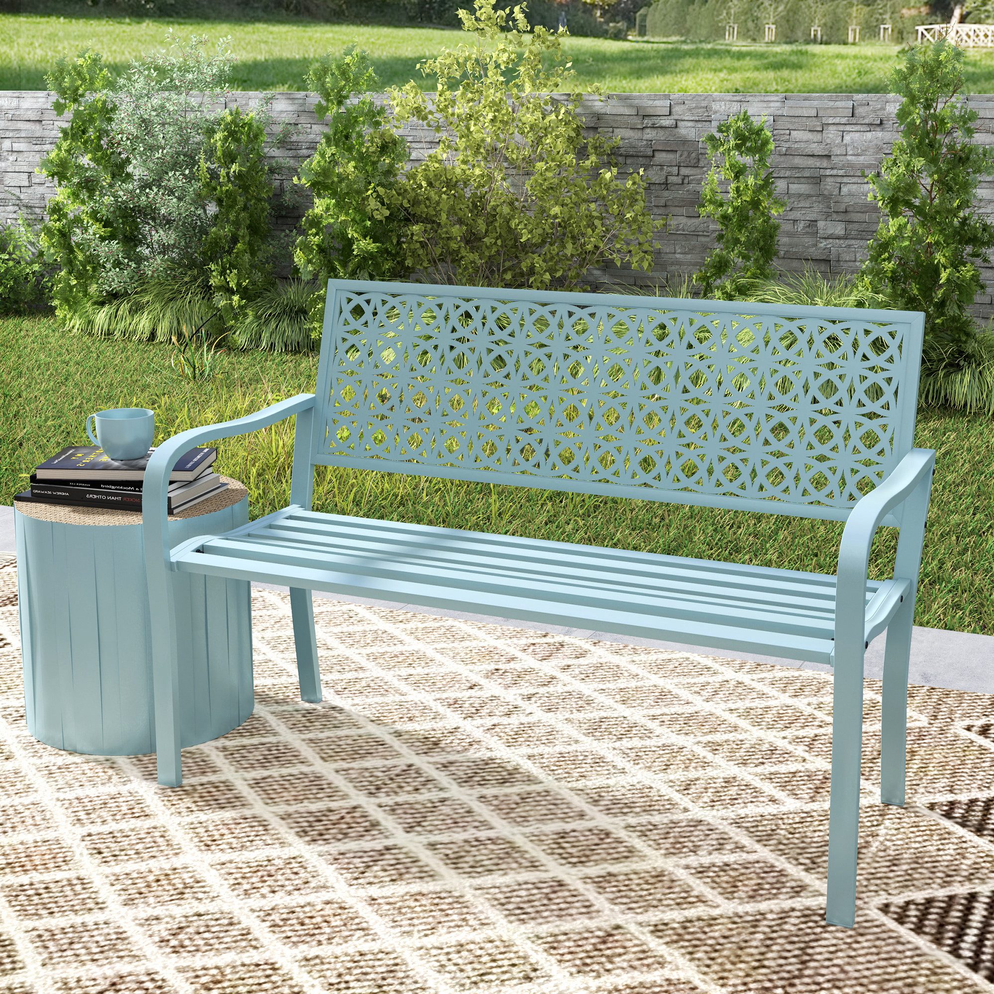 CHICFURN Gartenbank 2-Sitzer Sitzbank mit Rückenlehne und Armlehnen (Packung, 1-St., Wetterfeste Parkbank für Balkon, Terrasse und Garten, bis 240 kg), Blau, 127 x 63 x 85 cm