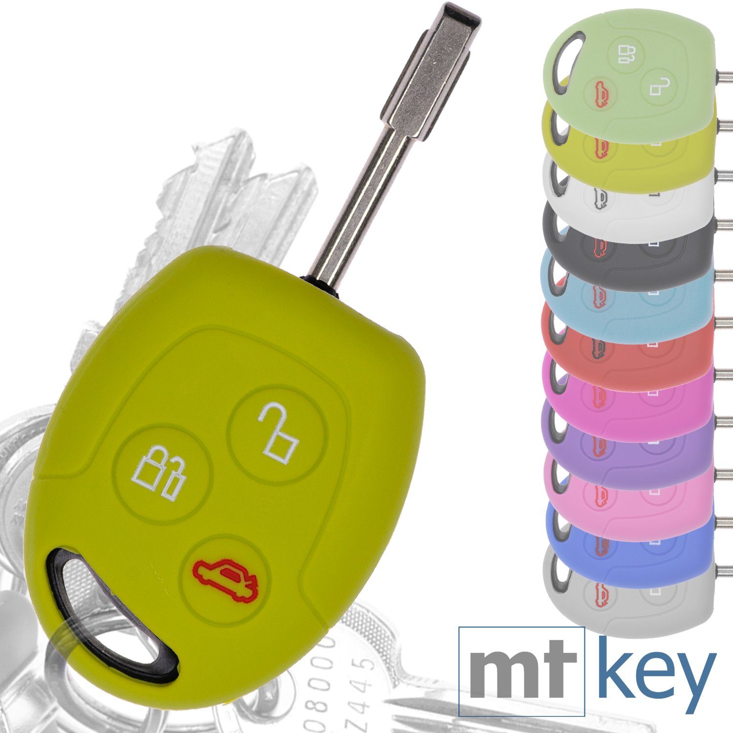 mt-key Schlüsseltasche Autoschlüssel 3 Mondeo VI II Fusion Softcase Knopf für S-MAX Apfelgrün, Ford Silikon Galaxy Fiesta Transit Focus Schutzhülle