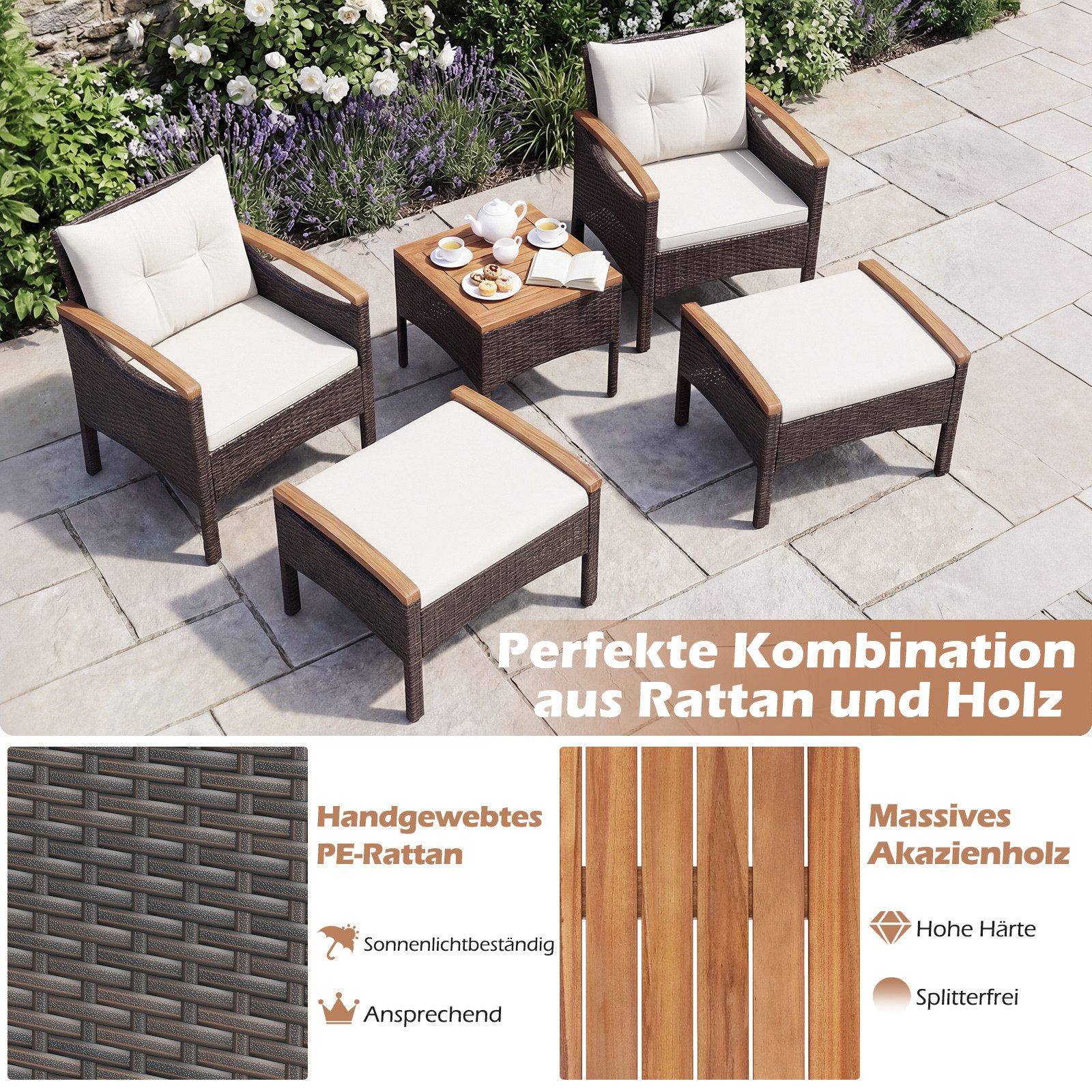 COSTWAY Balkonset Rattan, (5tlg), Akazienholzplatte, mit Kissen, bis 180kg