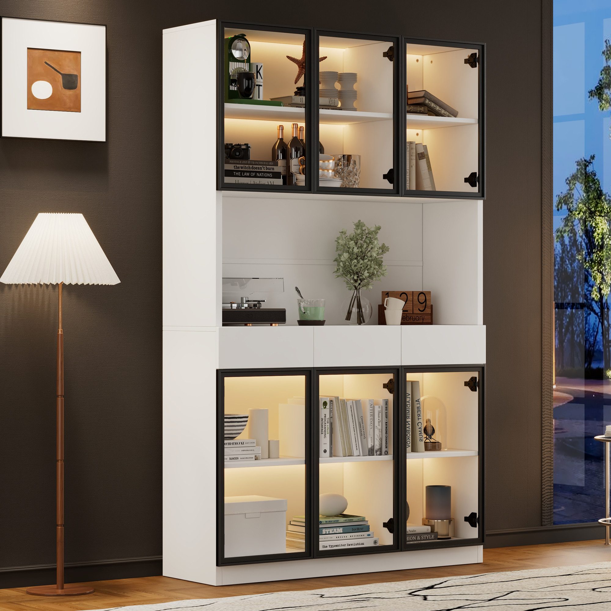 Merax Standvitrine Matt Glasvitrine mit LED-Beleuchtung und Stauraum (30x120x200 cm, 1-St., Standregal Schrank Vitrine) Vitrine mit 6 Türen, 3 Schubladen, schwarzem Rahmen und Glas-Fronten