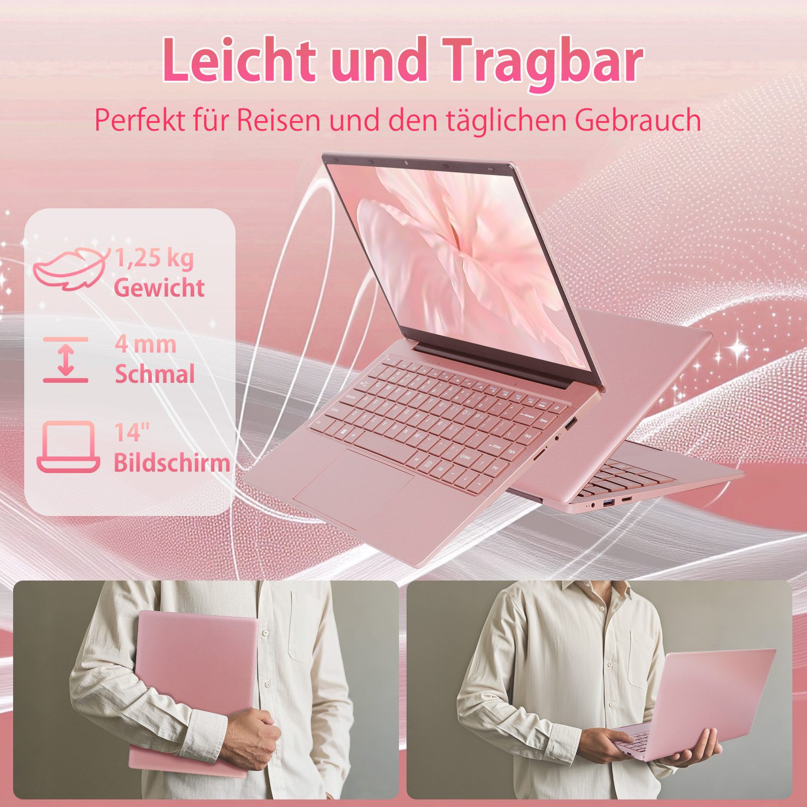 LONGEVINCE 14 Zoll Laptop, 8 GB RAM, DDR4, Ultrabook, Windows 11 Notebook (35,60 cm/14 Zoll, Intel, 8 GB, 238 GB SSD, mit Deutscher Tastaturfolie(Rotgold, 8GB+2 – Bild 4 von 5